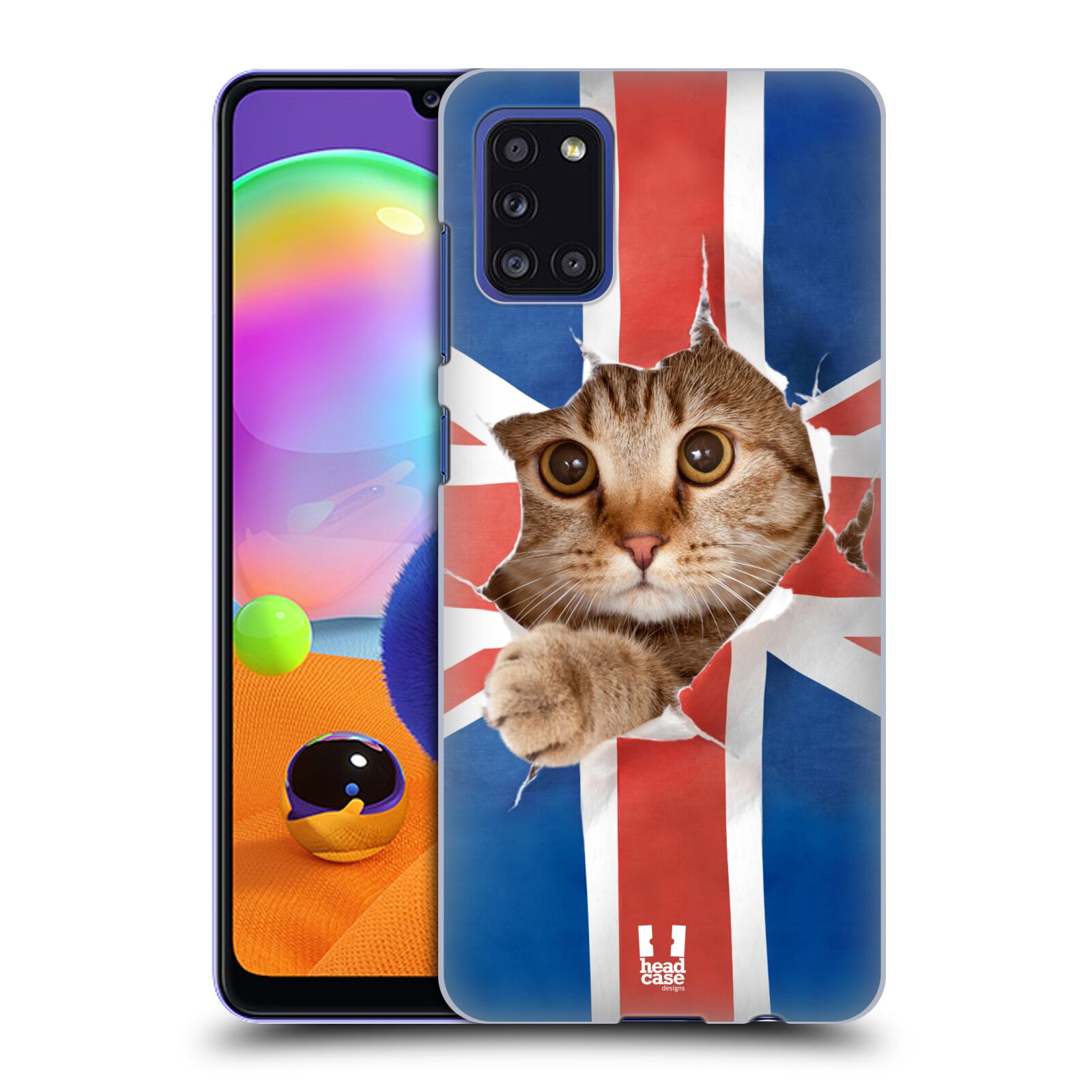 Zadní kryt na mobil Samsung Galaxy A31 vzor Legrační zvířátka kočička a Velká Británie vlajka