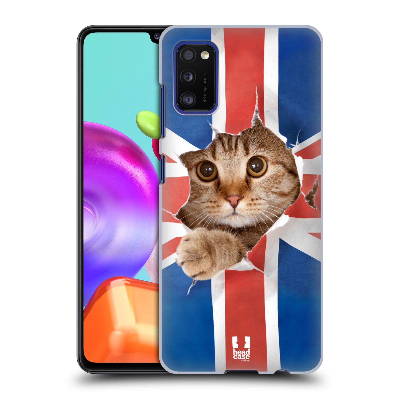 Zadní kryt na mobil Samsung Galaxy A41 vzor Legrační zvířátka kočička a Velká Británie vlajka
