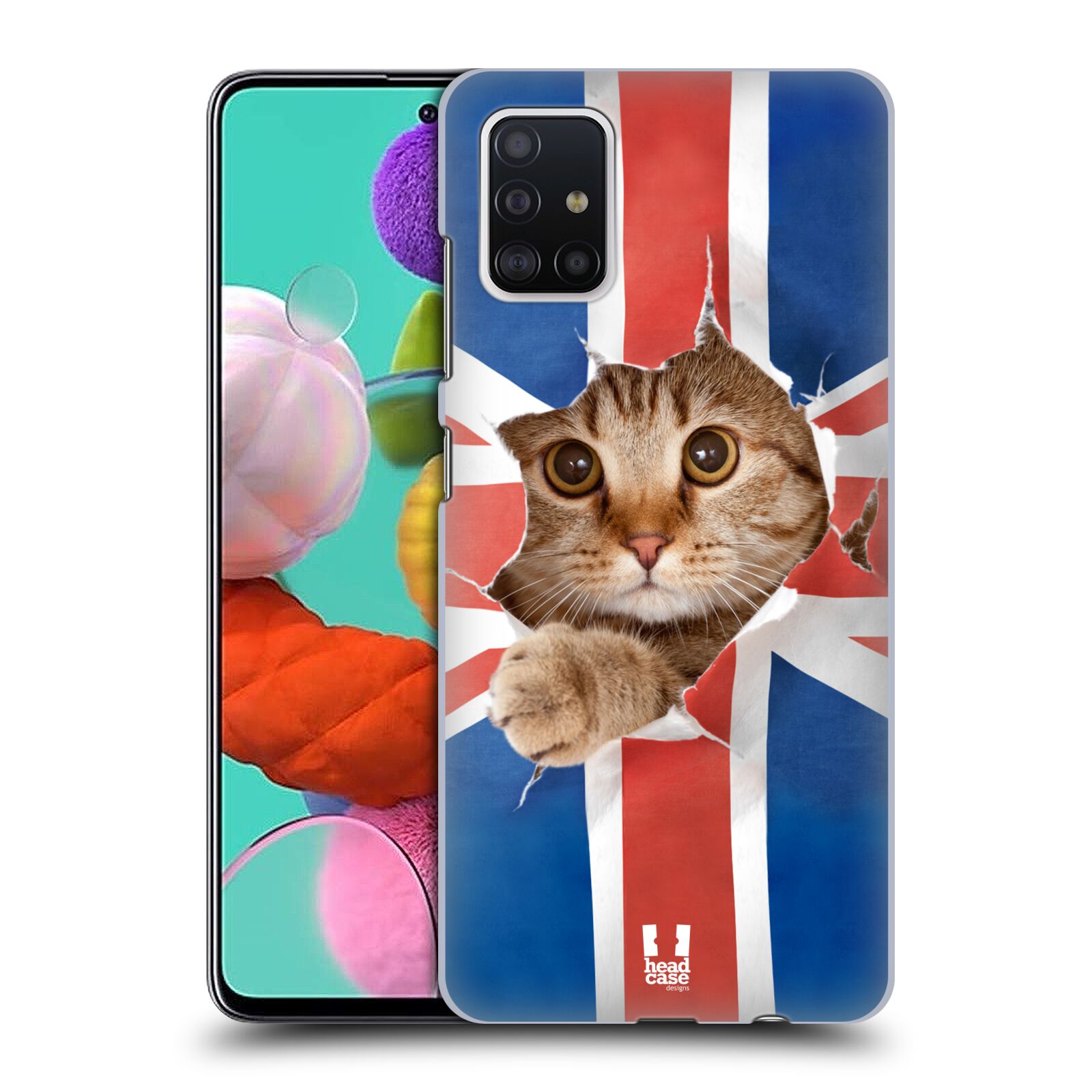 Pouzdro na mobil Samsung Galaxy A51 - HEAD CASE - vzor Legrační zvířátka kočička a Velká Británie vlajka