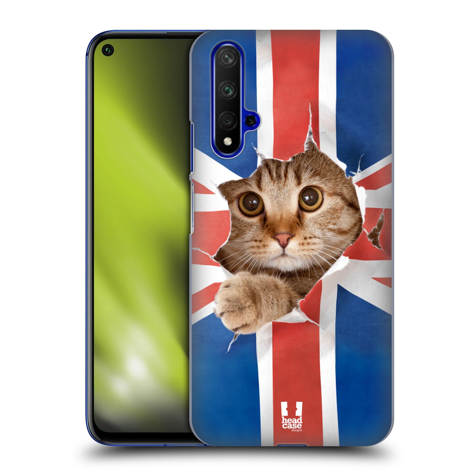 Pouzdro na mobil Honor 20 - HEAD CASE - vzor Legrační zvířátka kočička a Velká Británie vlajka