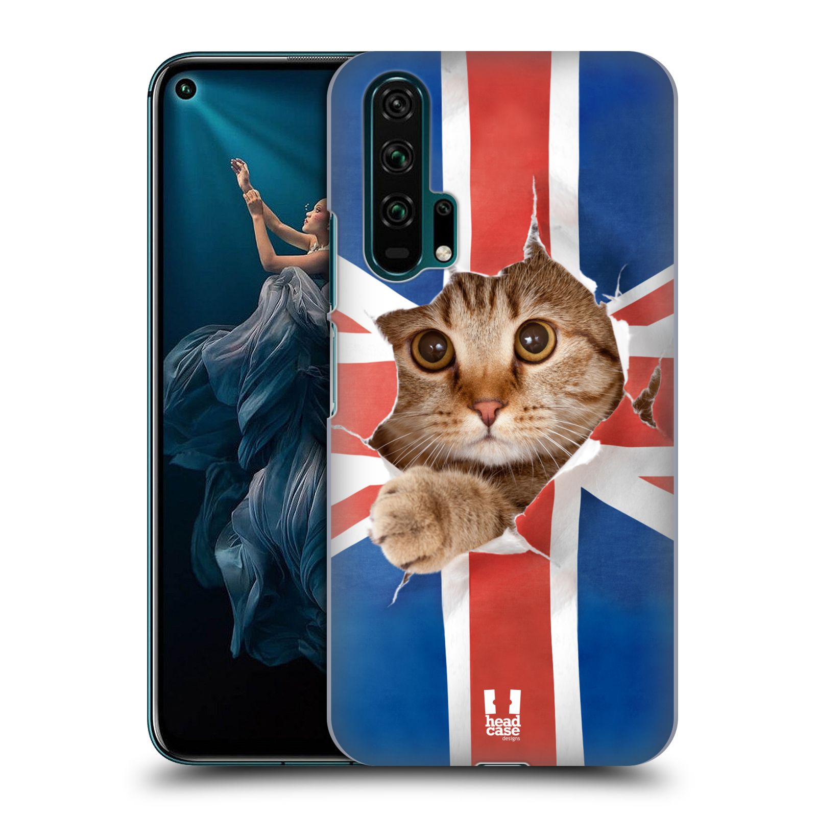 Pouzdro na mobil Honor 20 PRO - HEAD CASE - vzor Legrační zvířátka kočička a Velká Británie vlajka