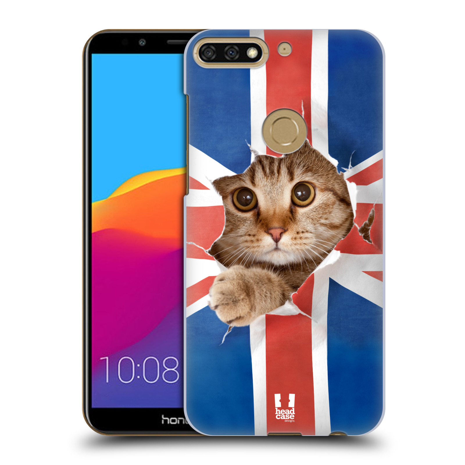 HEAD CASE plastový obal na mobil Honor 7c vzor Legrační zvířátka kočička a Velká Británie vlajka