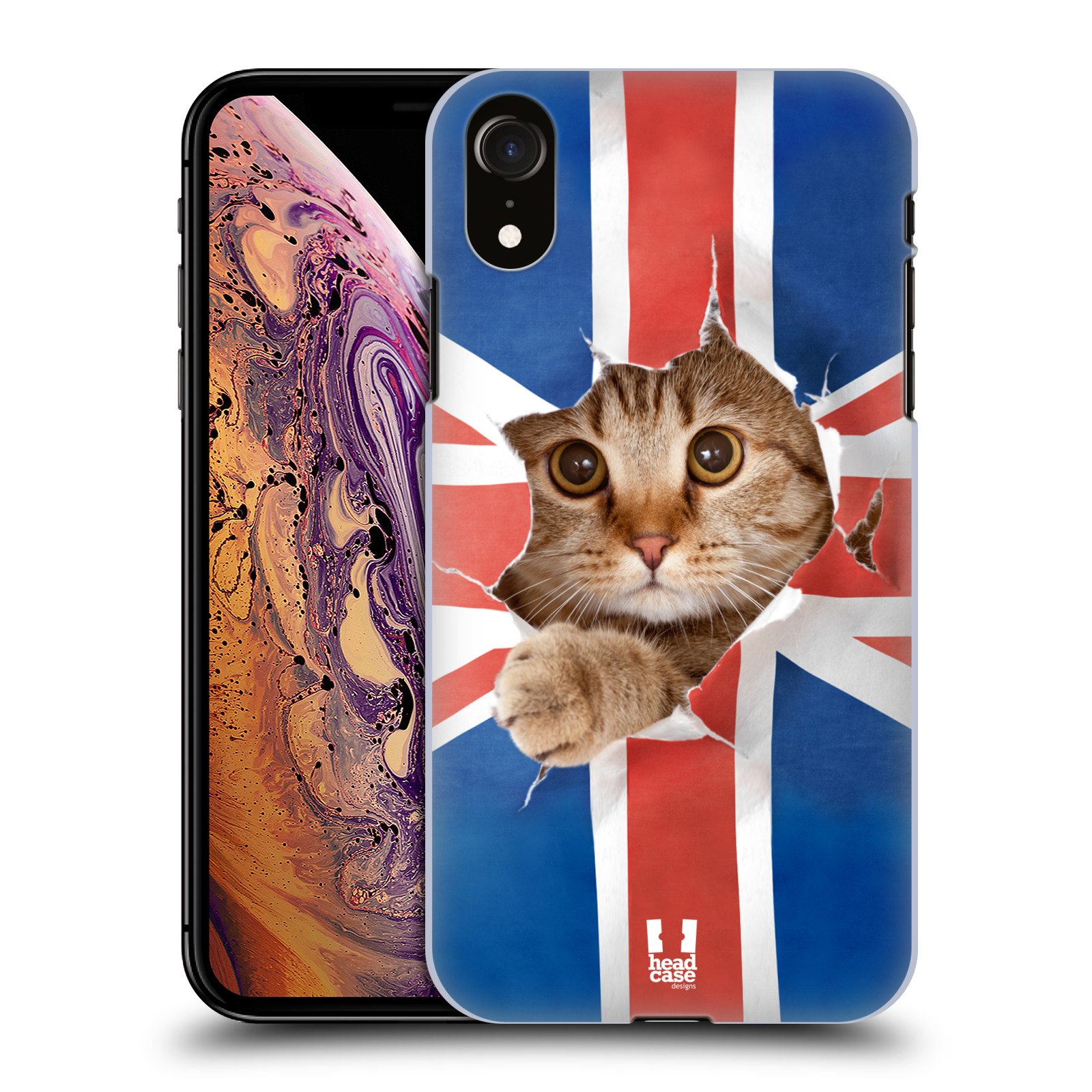 HEAD CASE plastový obal na mobil Apple Iphone XR vzor Legrační zvířátka kočička a Velká Británie vlajka
