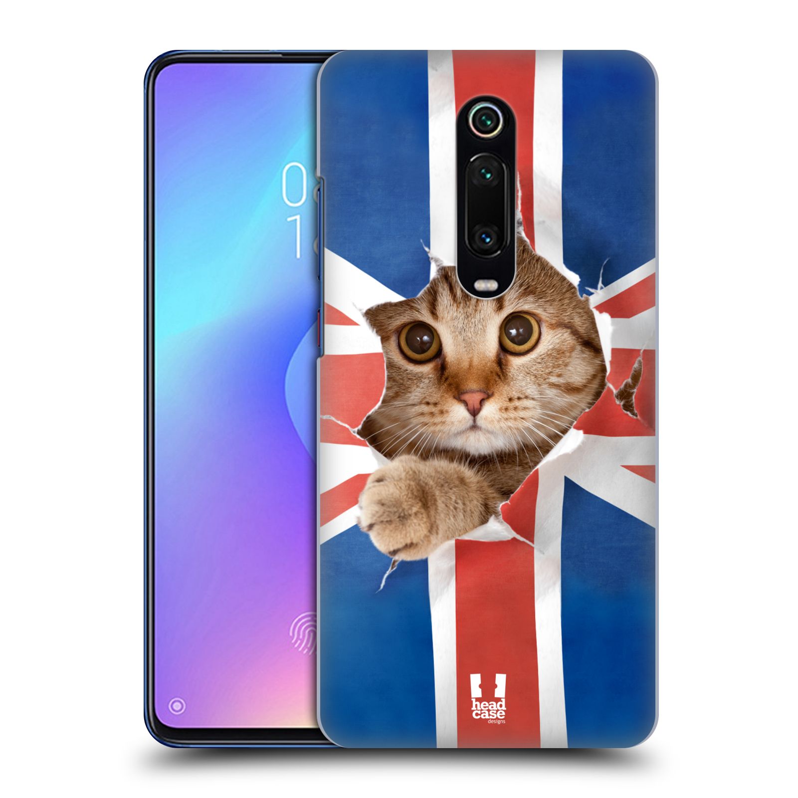 Pouzdro na mobil Xiaomi Mi 9T PRO - HEAD CASE - vzor Legrační zvířátka kočička a Velká Británie vlajka