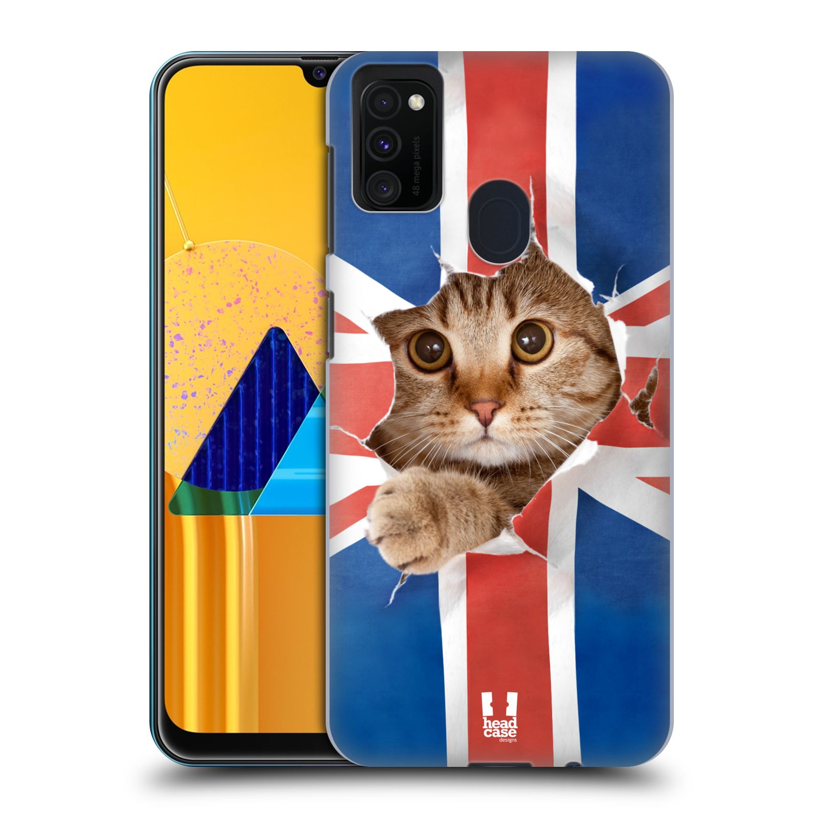 Zadní kryt na mobil Samsung Galaxy M21 vzor Legrační zvířátka kočička a Velká Británie vlajka