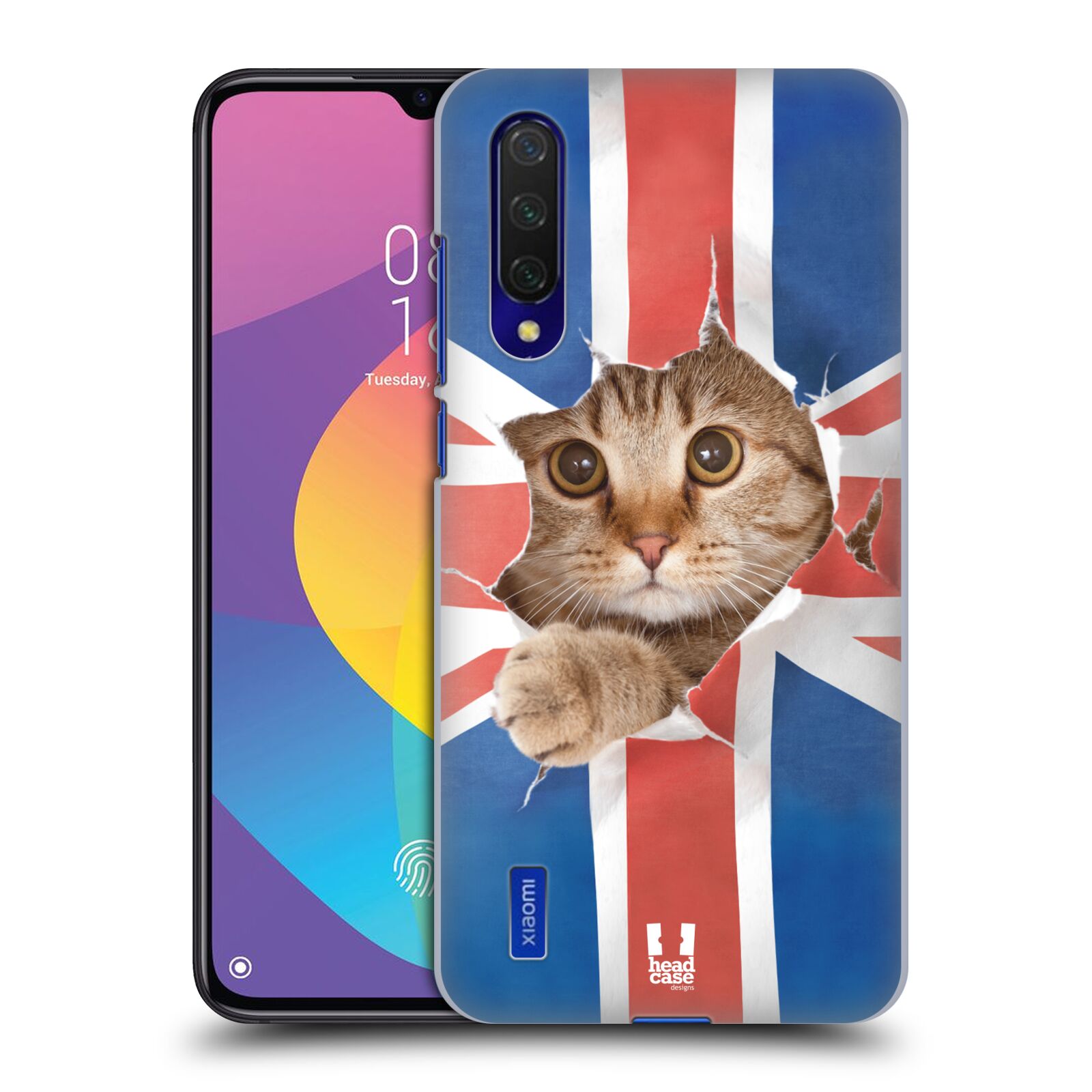 Zadní kryt na mobil Xiaomi MI 9 LITE vzor Legrační zvířátka kočička a Velká Británie vlajka