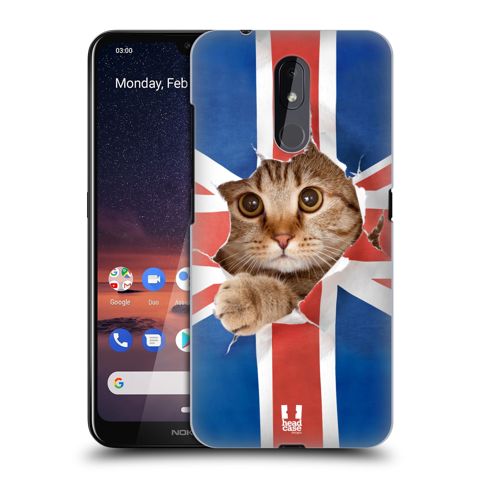 Pouzdro na mobil Nokia 3.2 - HEAD CASE - vzor Legrační zvířátka kočička a Velká Británie vlajka