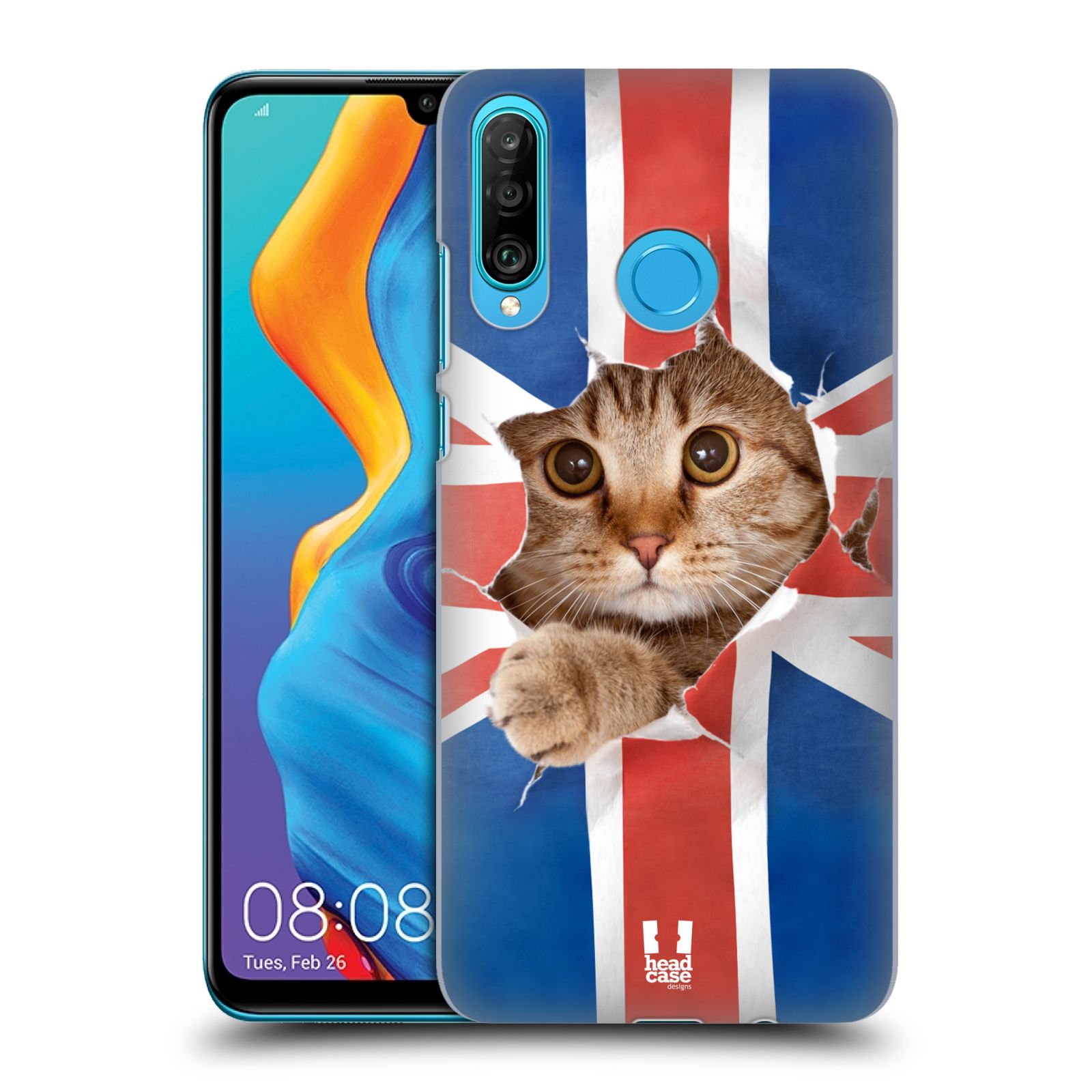 Pouzdro na mobil Huawei P30 LITE - HEAD CASE - vzor Legrační zvířátka kočička a Velká Británie vlajka