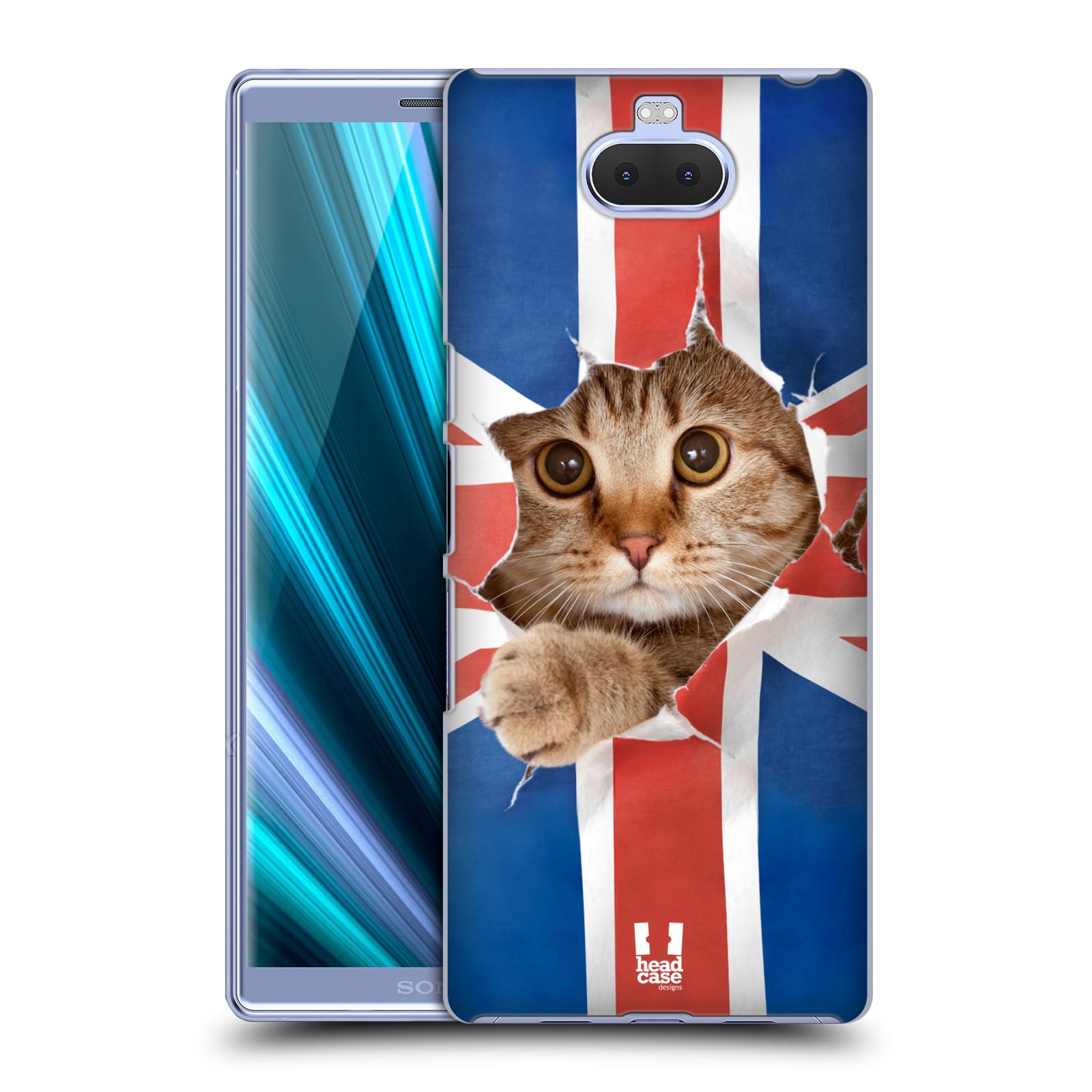 Pouzdro na mobil Sony Xperia 10 - Head Case - vzor Legrační zvířátka kočička a Velká Británie vlajka