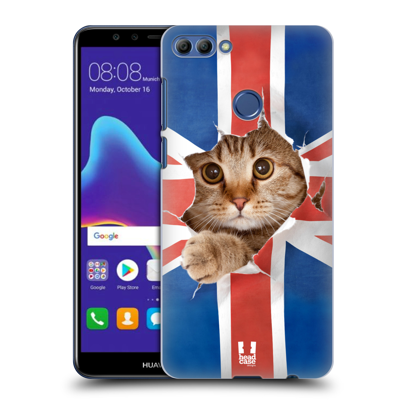 HEAD CASE plastový obal na mobil Huawei Y9 2018 vzor Legrační zvířátka kočička a Velká Británie vlajka
