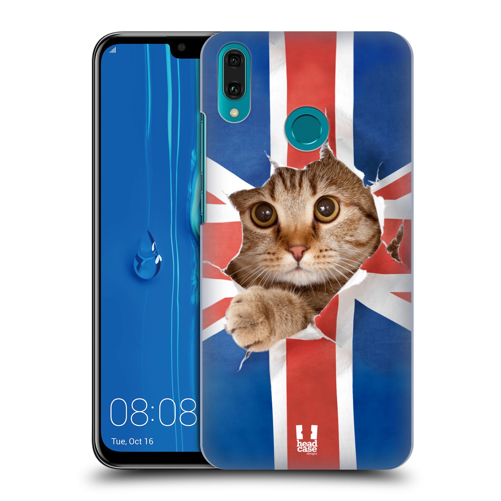 Pouzdro na mobil Huawei Y9 2019 - HEAD CASE - vzor Legrační zvířátka kočička a Velká Británie vlajka