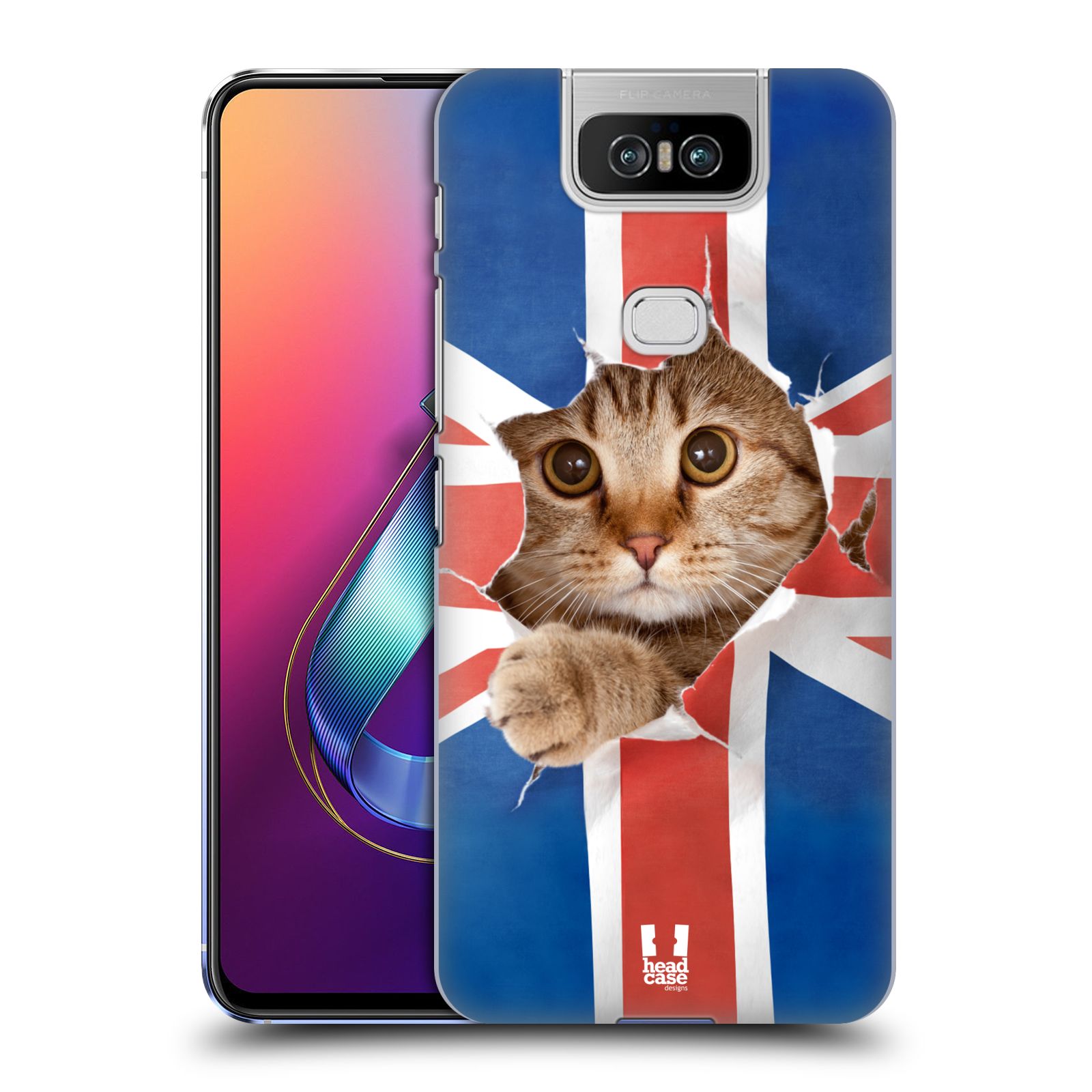 Pouzdro na mobil Asus Zenfone 6 ZS630KL - HEAD CASE - vzor Legrační zvířátka kočička a Velká Británie vlajka