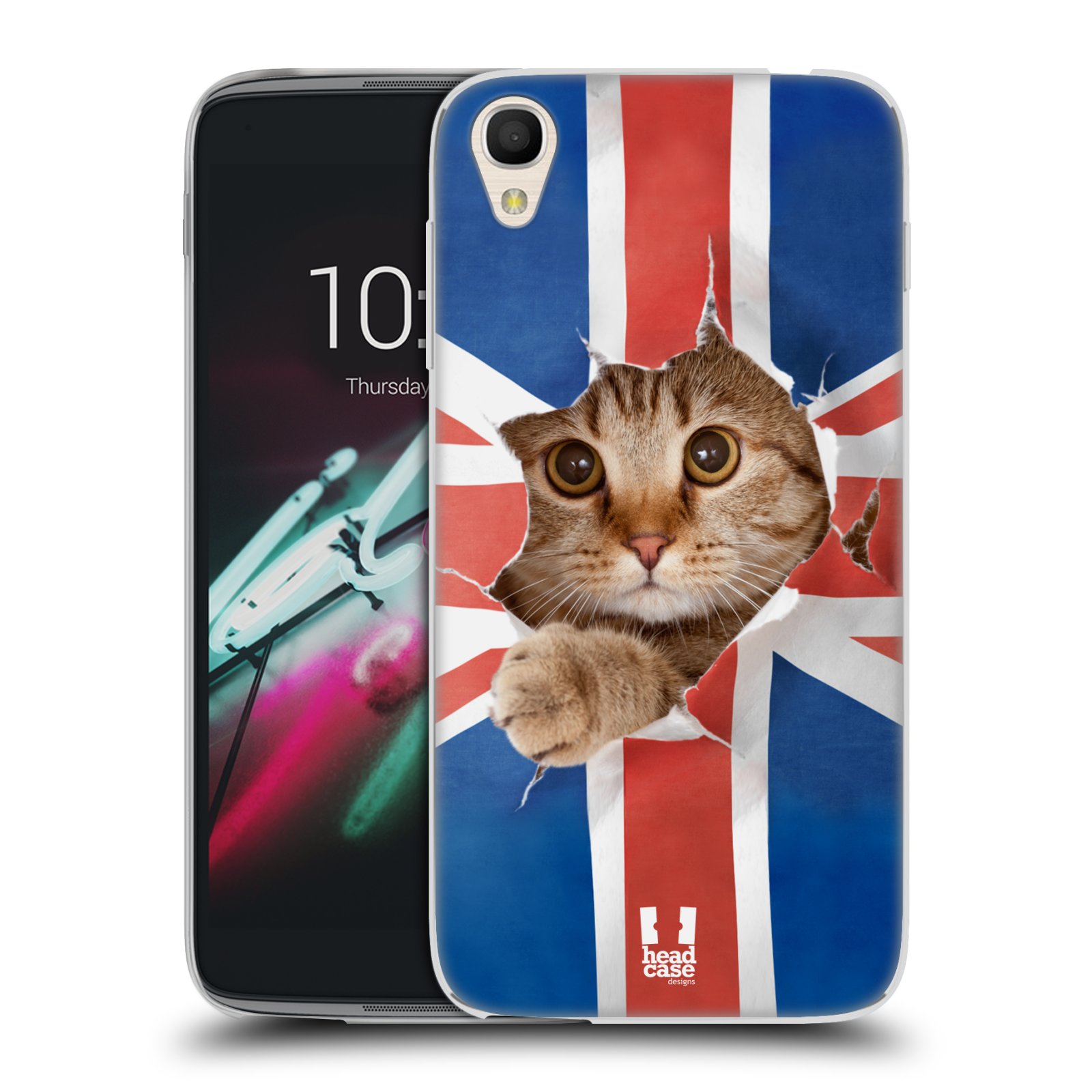 HEAD CASE silikonový obal na mobil Alcatel Idol 3 OT-6039Y (4.7) vzor Legrační zvířátka kočička a Velká Británie vlajka