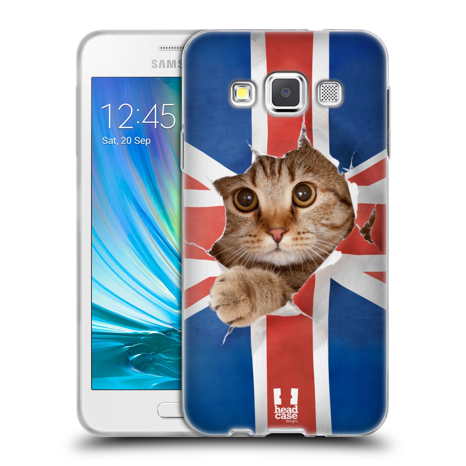 HEAD CASE silikonový obal na mobil Samsung Galaxy A3 vzor Legrační zvířátka kočička a Velká Británie vlajka