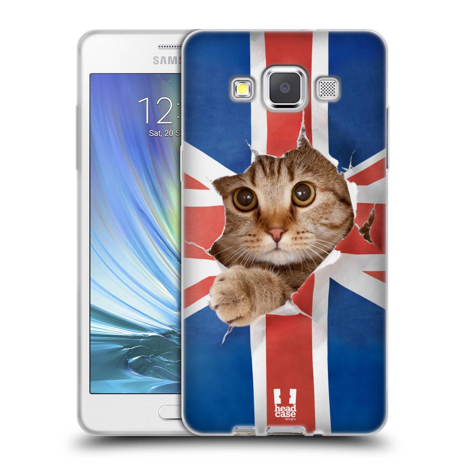 HEAD CASE silikonový obal na mobil Samsung Galaxy A5 vzor Legrační zvířátka kočička a Velká Británie vlajka