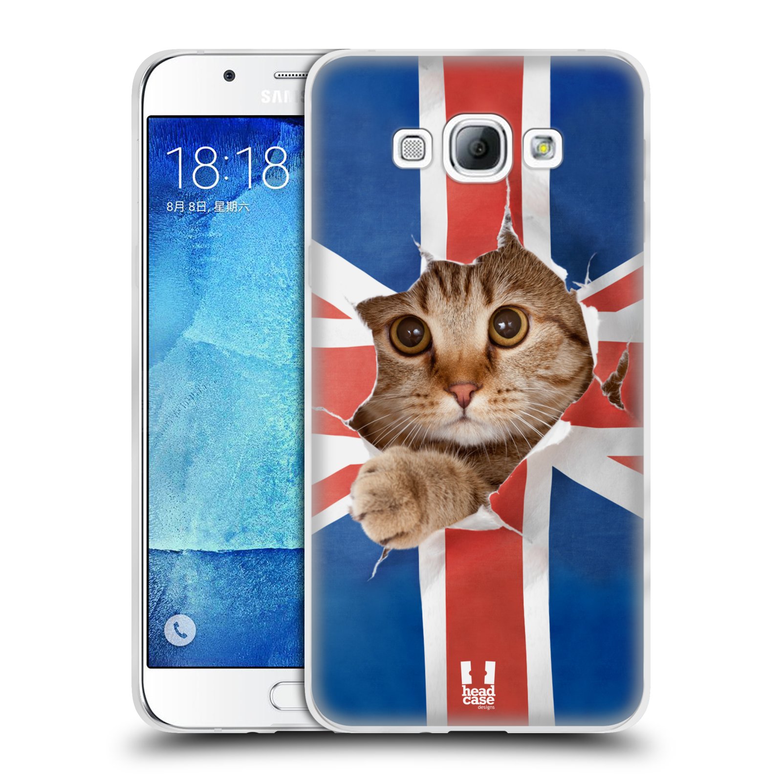 HEAD CASE silikonový obal na mobil Samsung Galaxy A8 vzor Legrační zvířátka kočička a Velká Británie vlajka