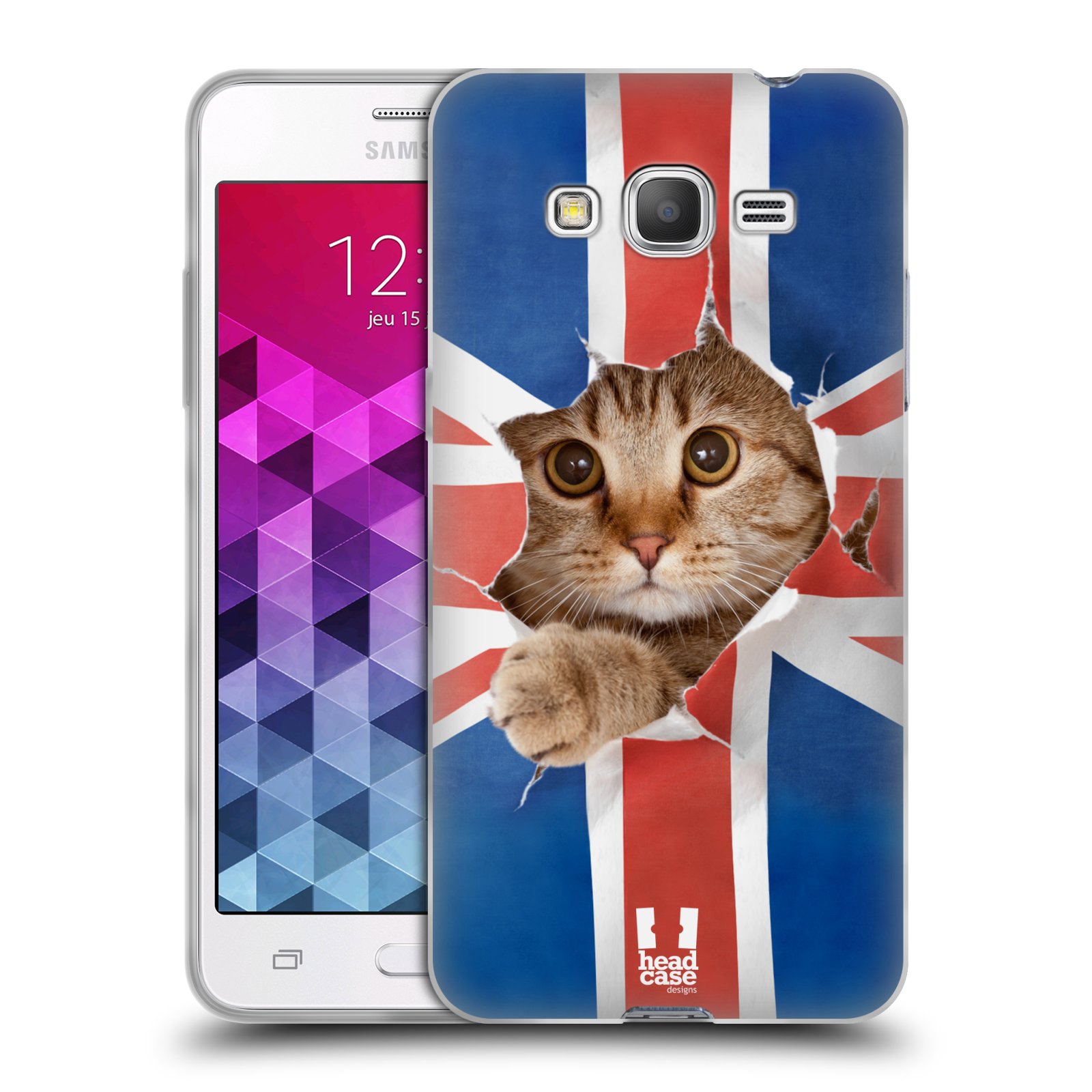 HEAD CASE silikonový obal na mobil Samsung Galaxy GRAND PRIME vzor Legrační zvířátka kočička a Velká Británie vlajka