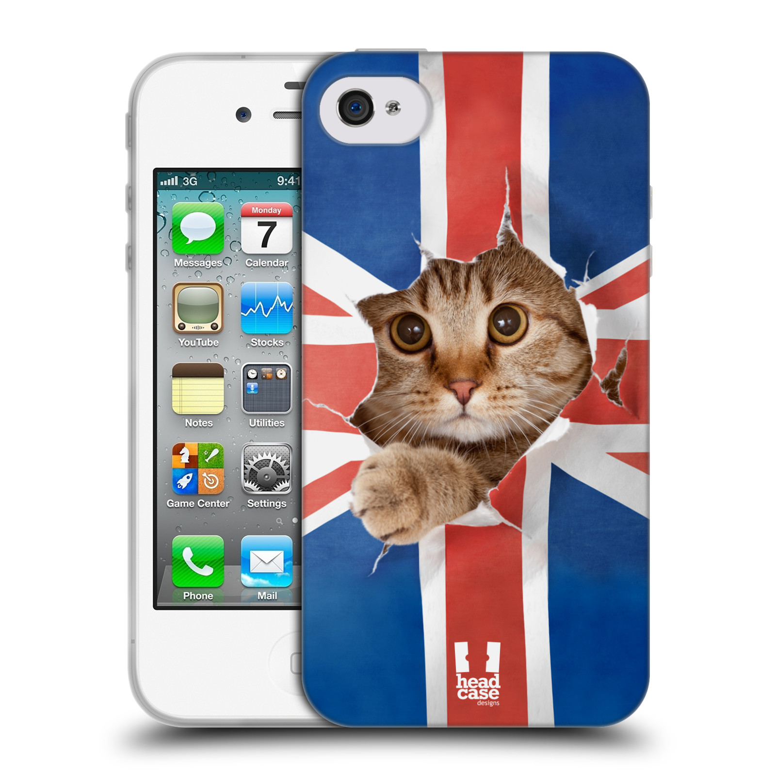 HEAD CASE silikonový obal na mobil Apple Iphone 4/4S vzor Legrační zvířátka kočička a Velká Británie vlajka