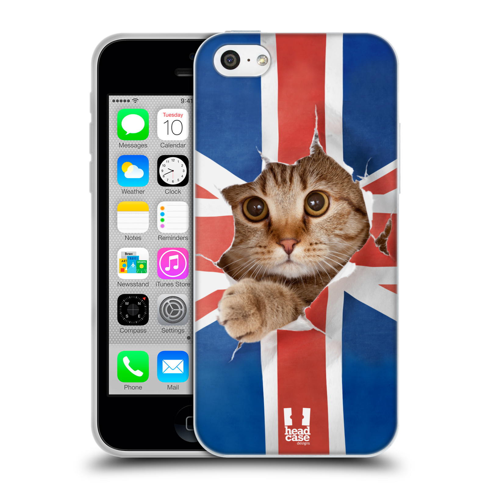 HEAD CASE silikonový obal na mobil Apple Iphone 5C vzor Legrační zvířátka kočička a Velká Británie vlajka