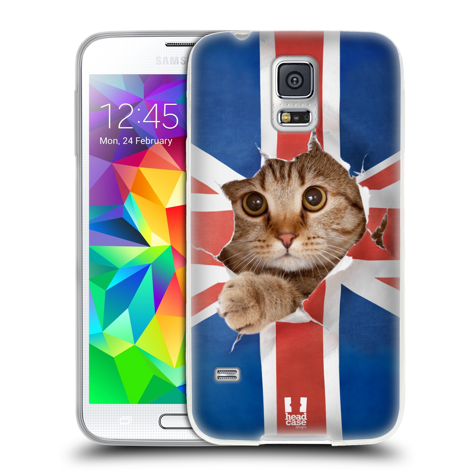 HEAD CASE silikonový obal na mobil Samsung Galaxy S5/S5 NEO vzor Legrační zvířátka kočička a Velká Británie vlajka