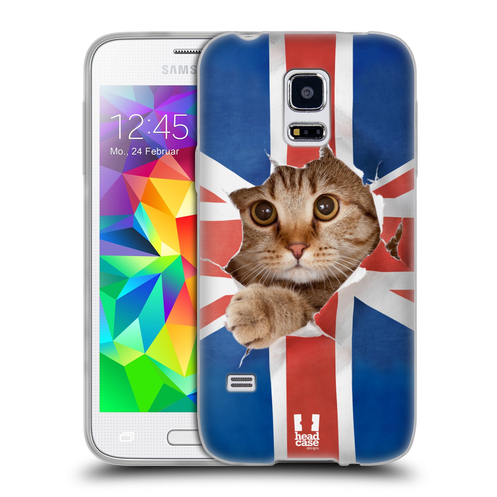 HEAD CASE silikonový obal na mobil Samsung Galaxy S5 MINI vzor Legrační zvířátka kočička a Velká Británie vlajka
