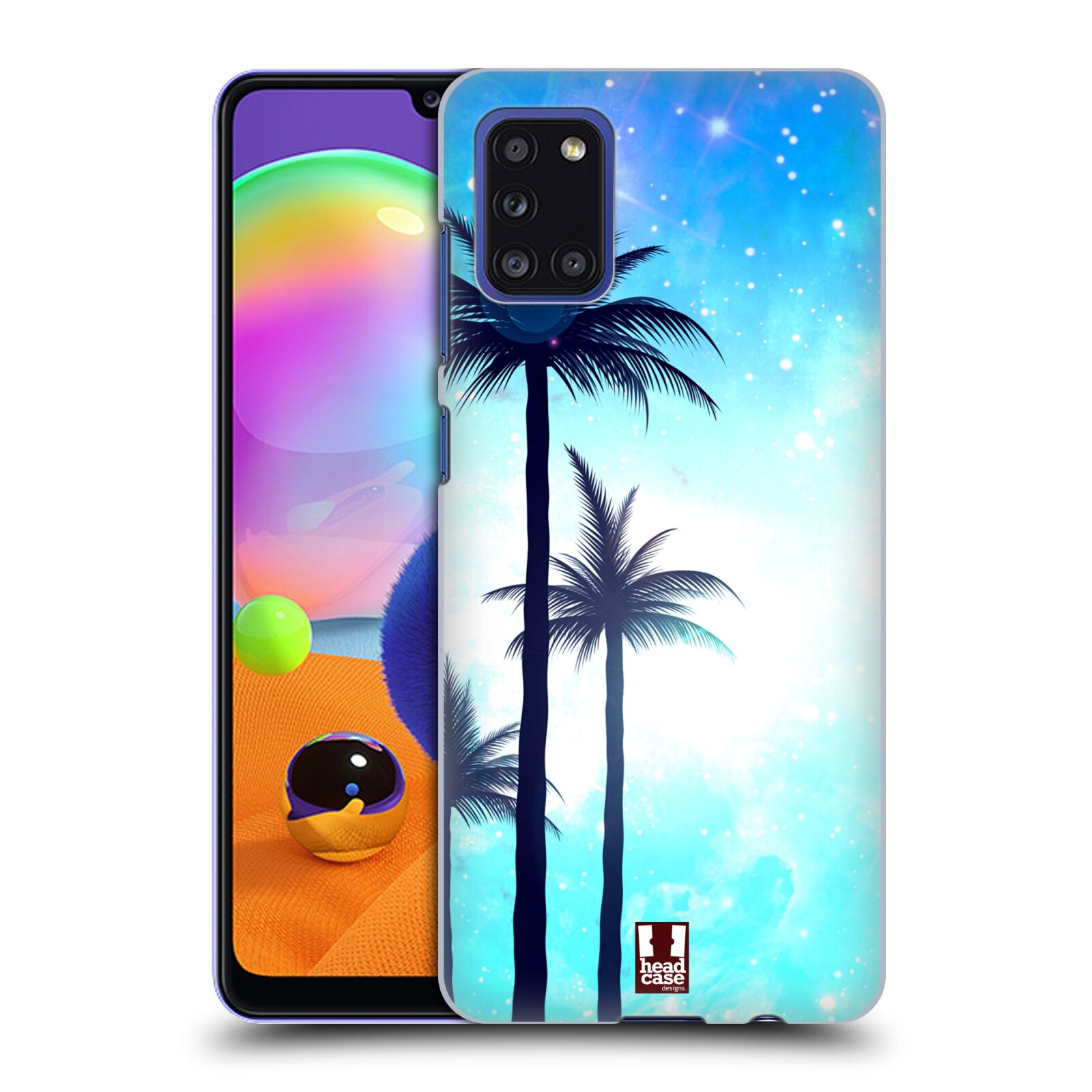 Zadní kryt na mobil Samsung Galaxy A31 vzor Kreslený motiv silueta moře a palmy MODRÁ