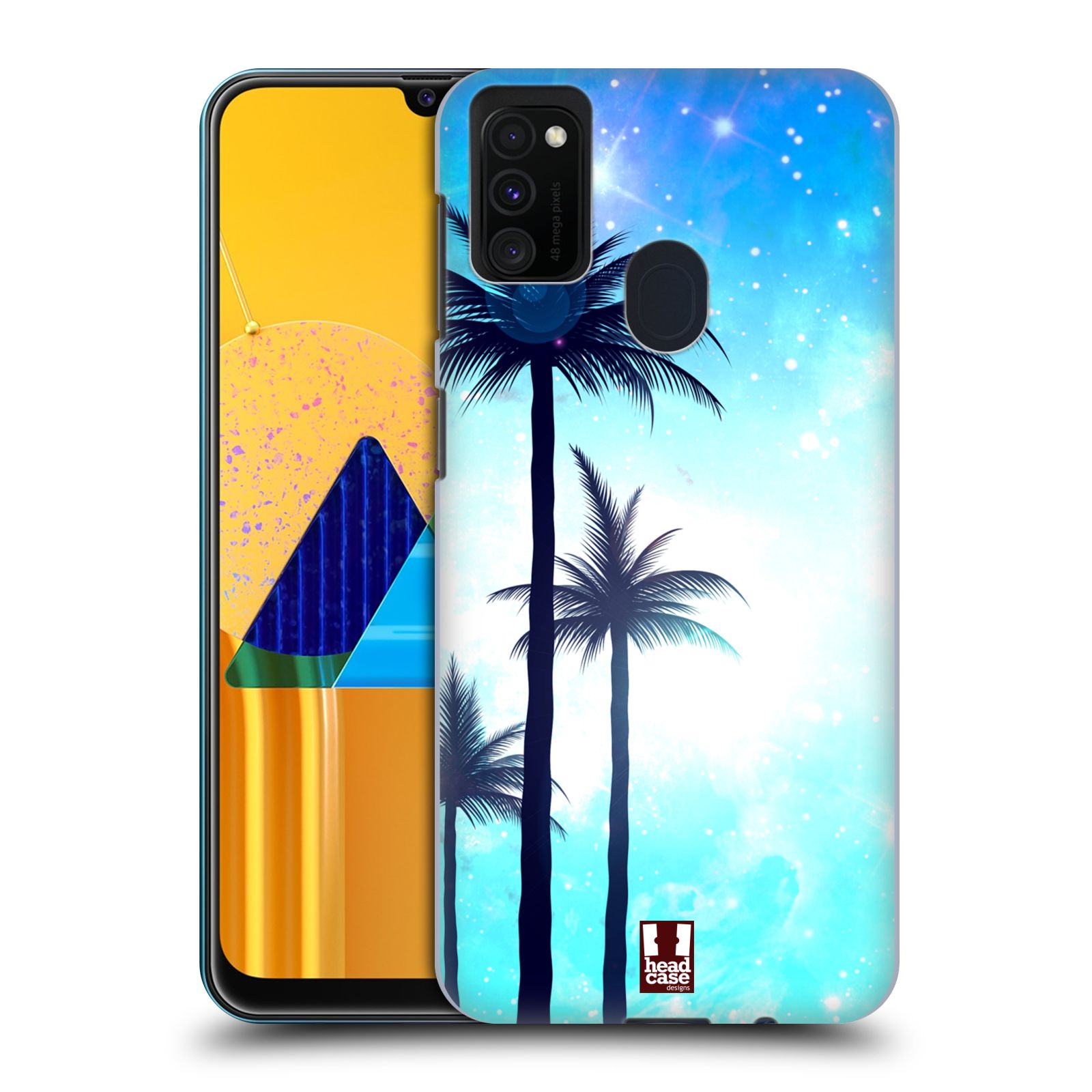 Zadní kryt na mobil Samsung Galaxy M21 vzor Kreslený motiv silueta moře a palmy MODRÁ
