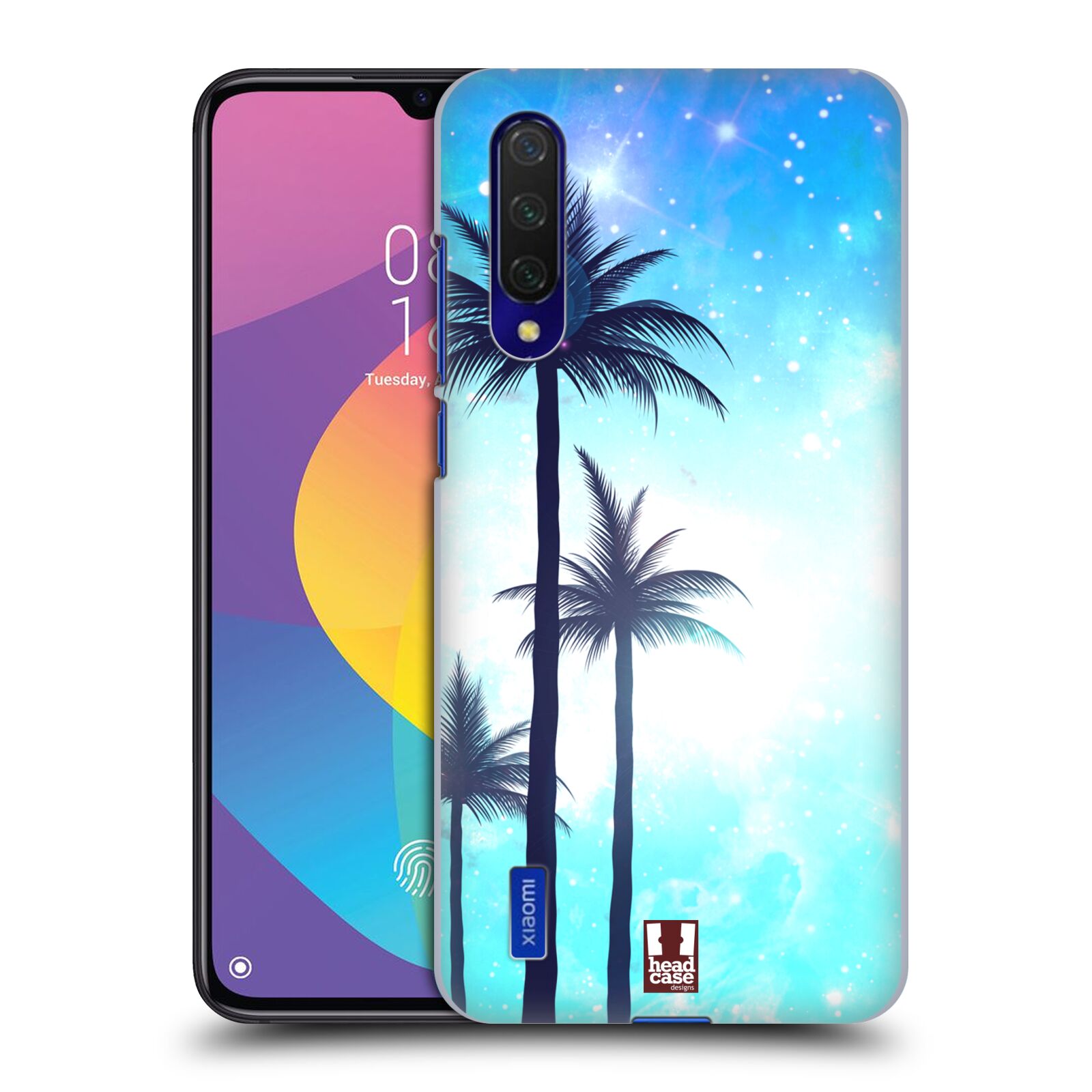 Zadní kryt na mobil Xiaomi MI 9 LITE vzor Kreslený motiv silueta moře a palmy MODRÁ