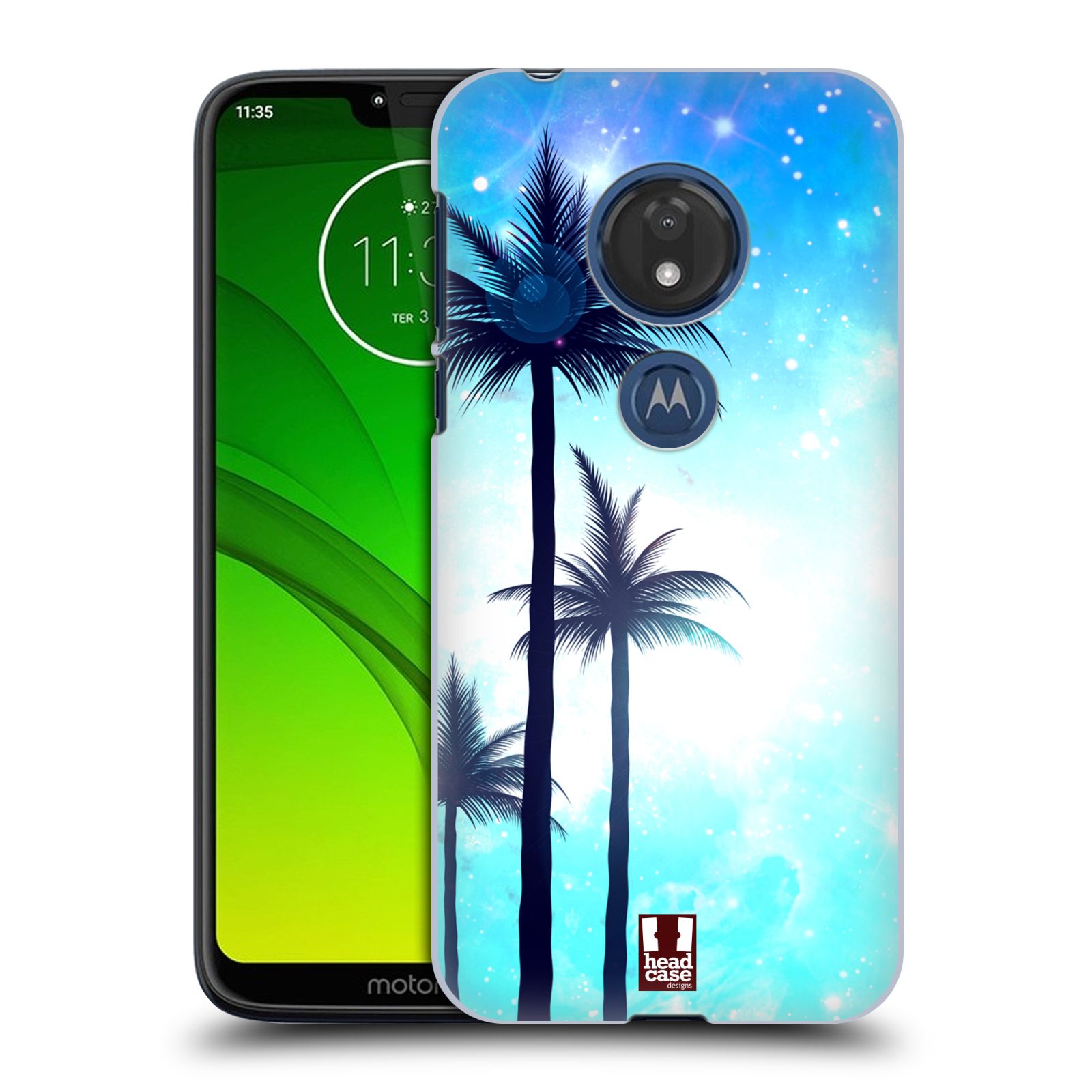 Pouzdro na mobil Motorola Moto G7 Play vzor Kreslený motiv silueta moře a palmy MODRÁ