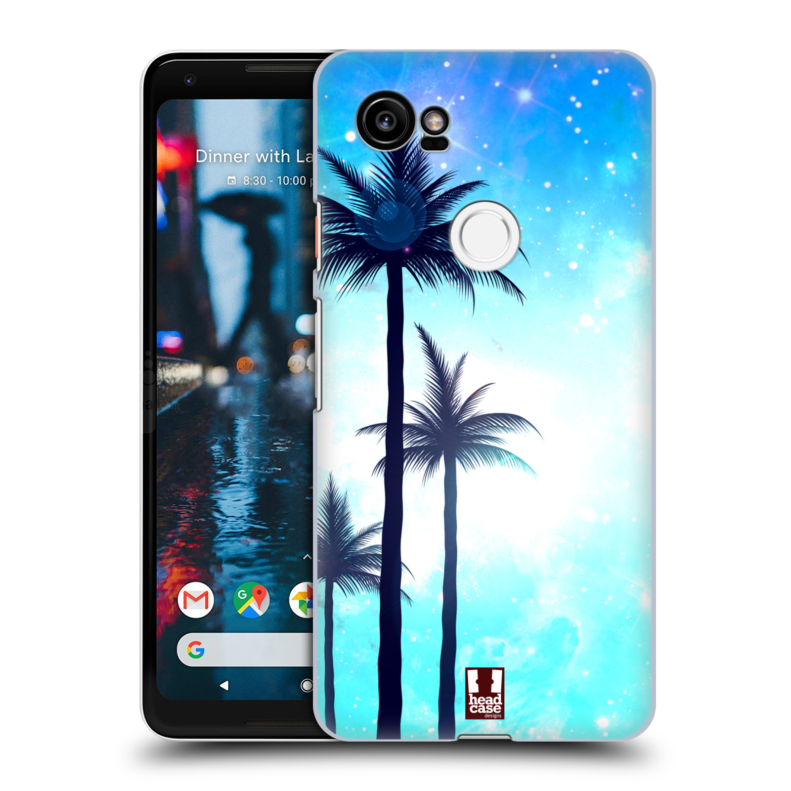 HEAD CASE plastový obal na mobil Google Pixel 2 XL vzor Kreslený motiv silueta moře a palmy MODRÁ