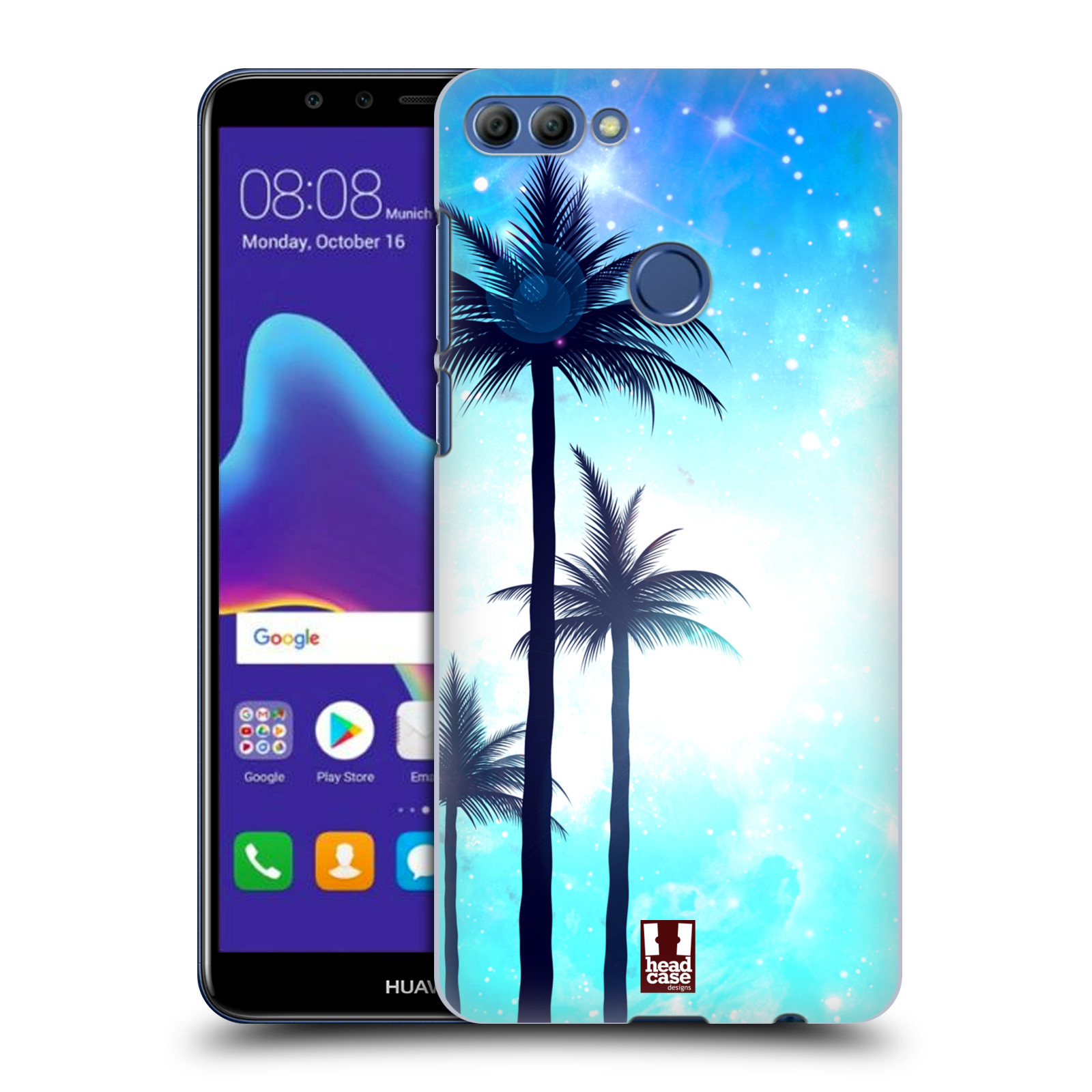 HEAD CASE plastový obal na mobil Huawei Y9 2018 vzor Kreslený motiv silueta moře a palmy MODRÁ