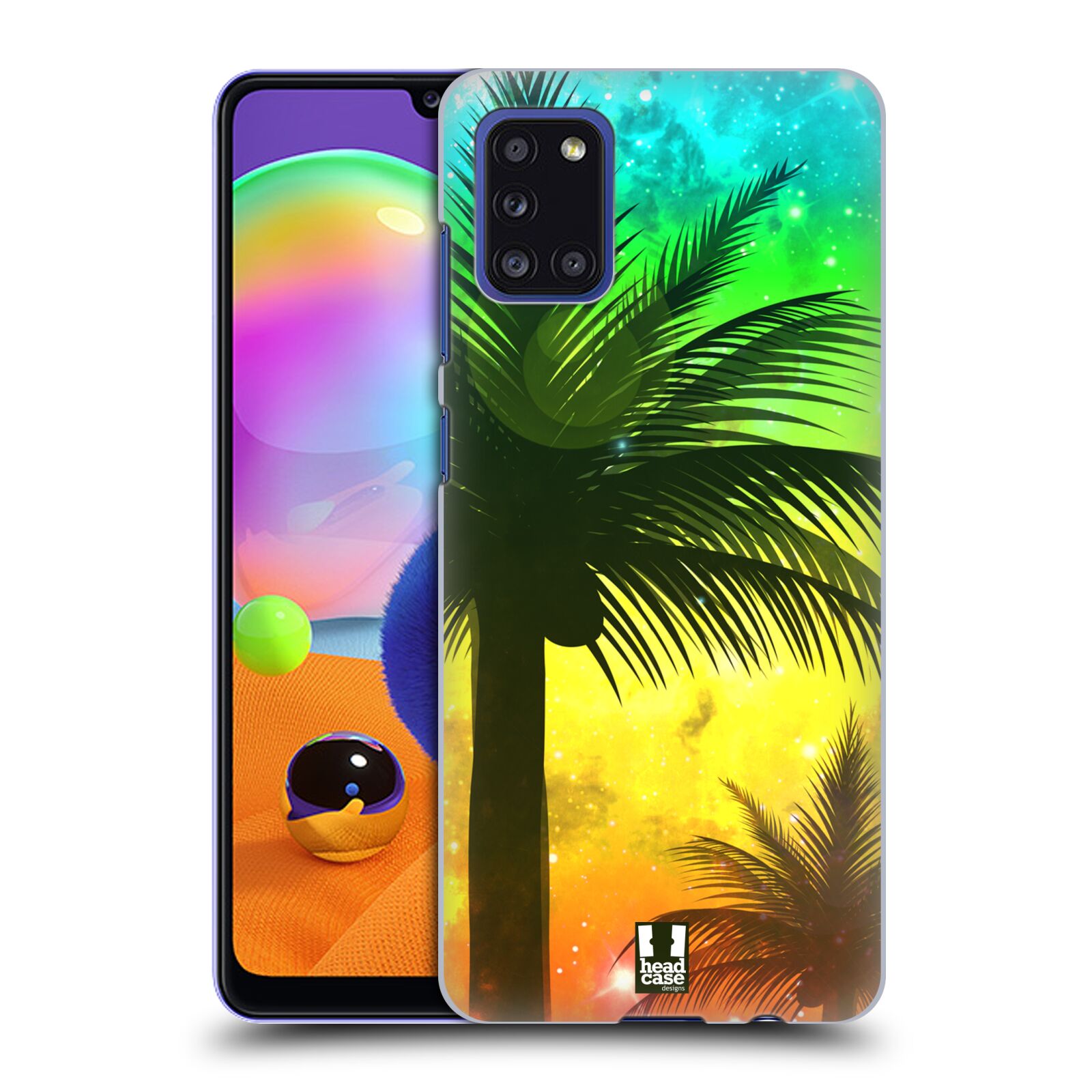 Zadní kryt na mobil Samsung Galaxy A31 vzor Kreslený motiv silueta moře a palmy ZELENÁ A ORANŽOVÁ