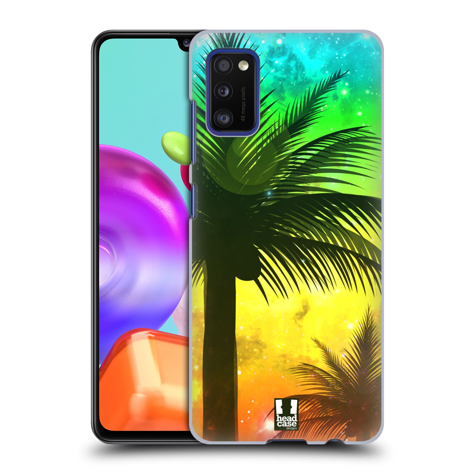 Zadní kryt na mobil Samsung Galaxy A41 vzor Kreslený motiv silueta moře a palmy ZELENÁ A ORANŽOVÁ
