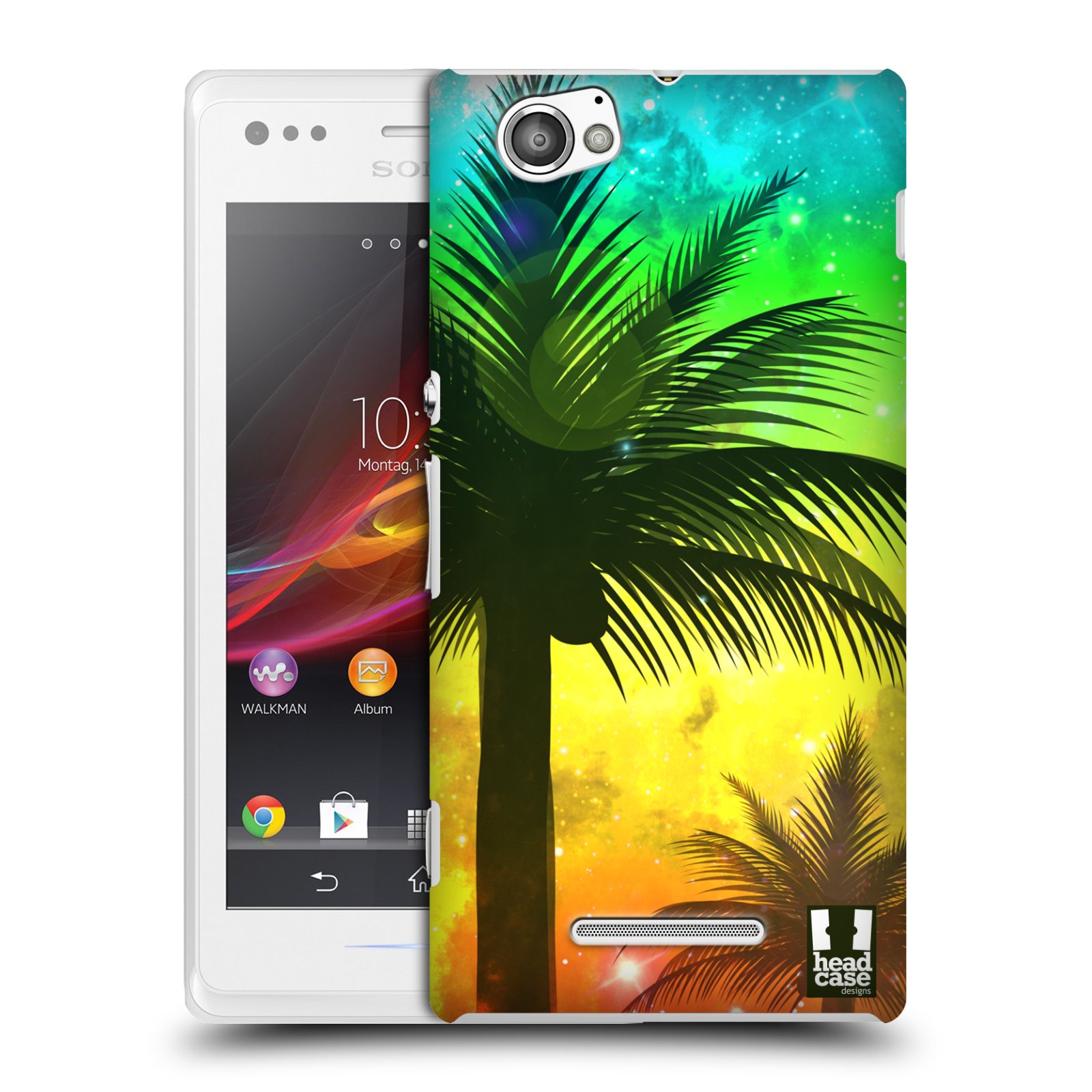 HEAD CASE plastový obal na mobil Sony Xperia M vzor Kreslený motiv silueta moře a palmy ZELENÁ A ORANŽOVÁ