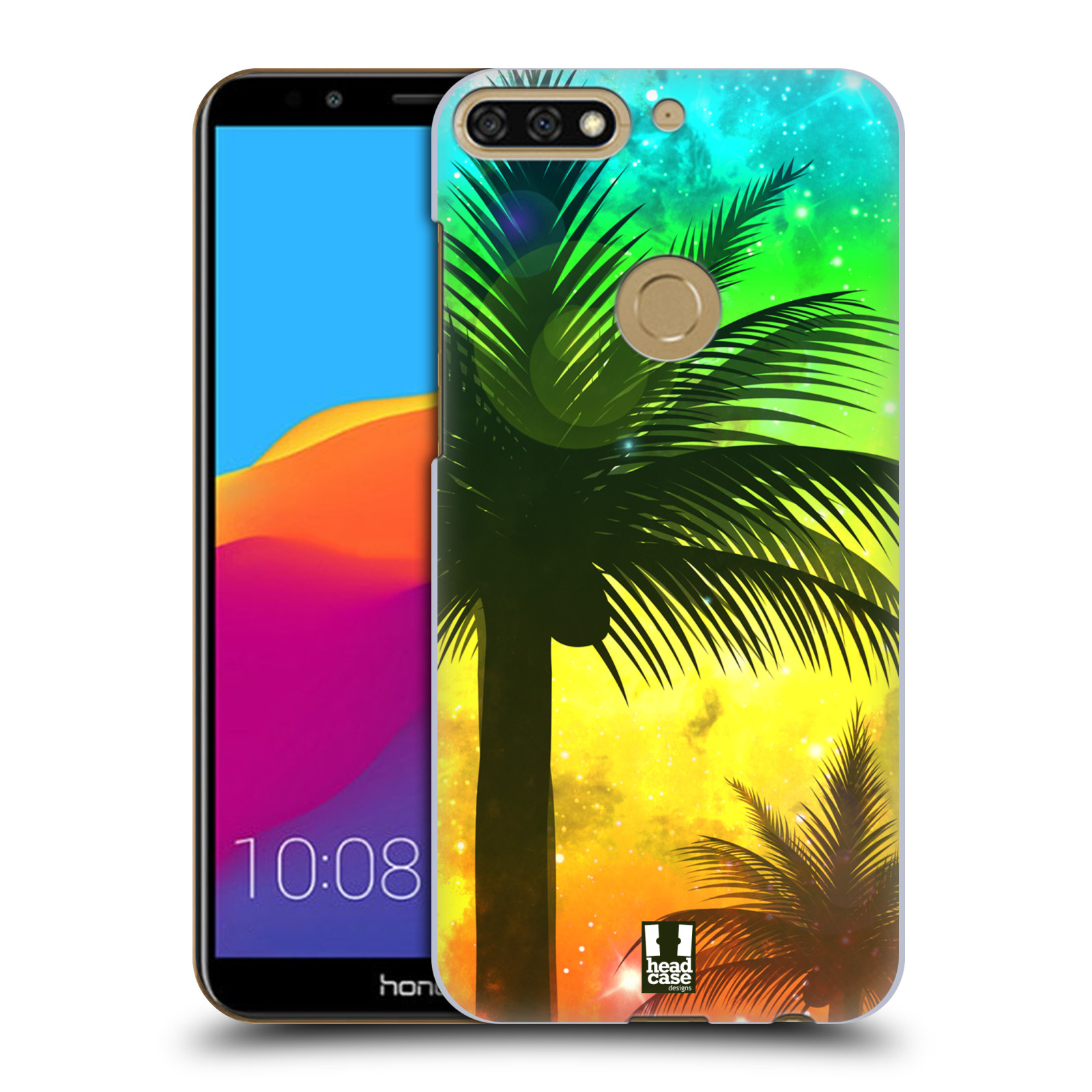 HEAD CASE plastový obal na mobil Honor 7c vzor Kreslený motiv silueta moře a palmy ZELENÁ A ORANŽOVÁ