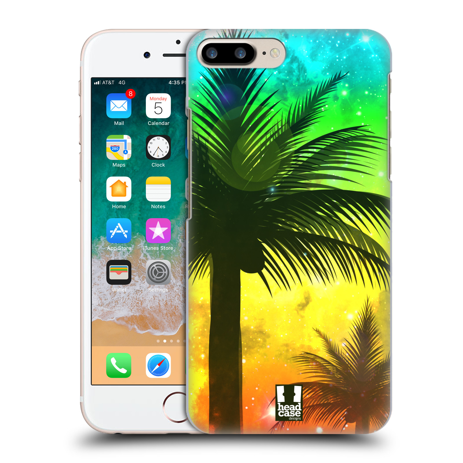 Plastové pouzdro pro mobil Apple Iphone 8 PLUS vzor Kreslený motiv silueta moře a palmy ZELENÁ A ORANŽOVÁ