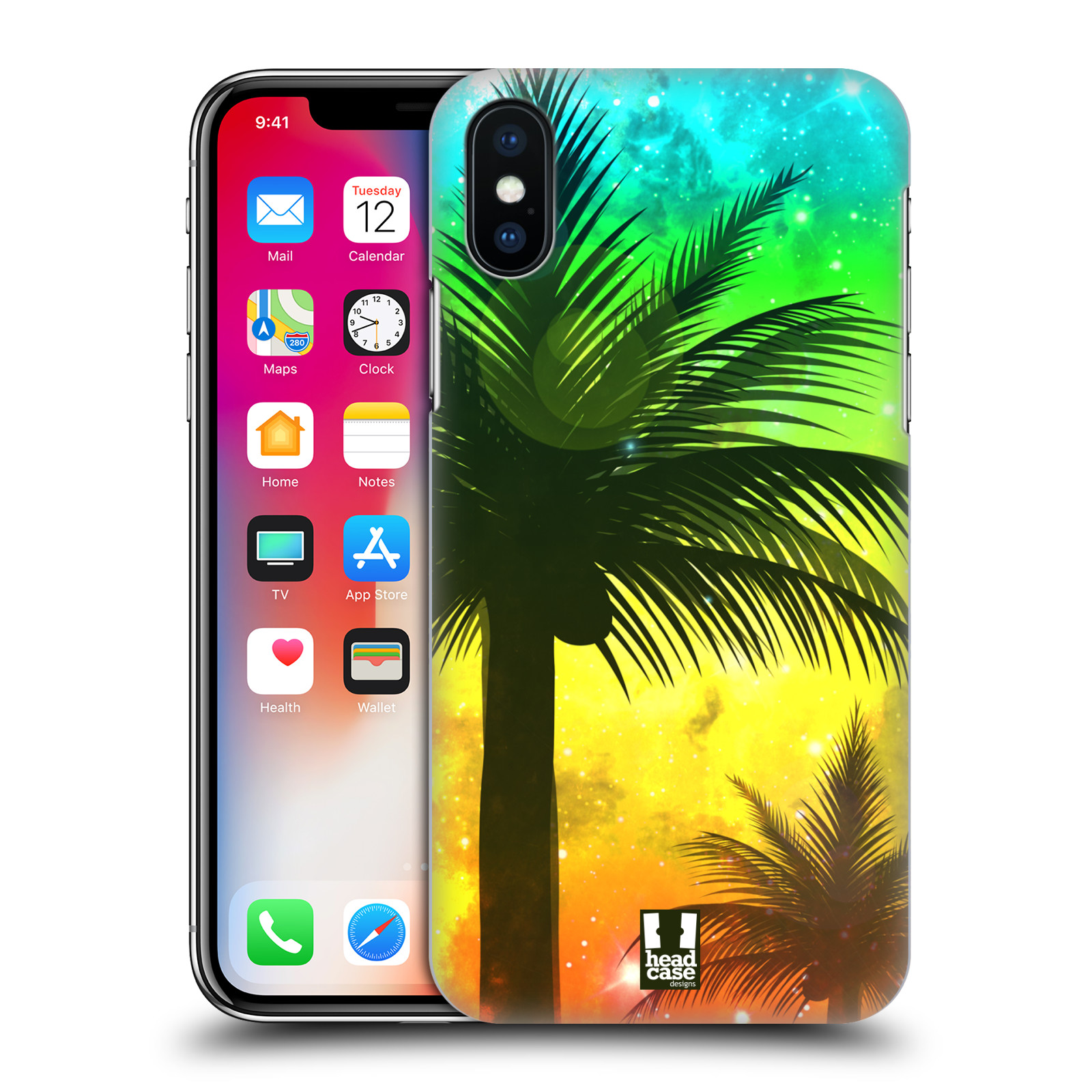 HEAD CASE plastový obal na mobil Apple Iphone X / XS vzor Kreslený motiv silueta moře a palmy ZELENÁ A ORANŽOVÁ