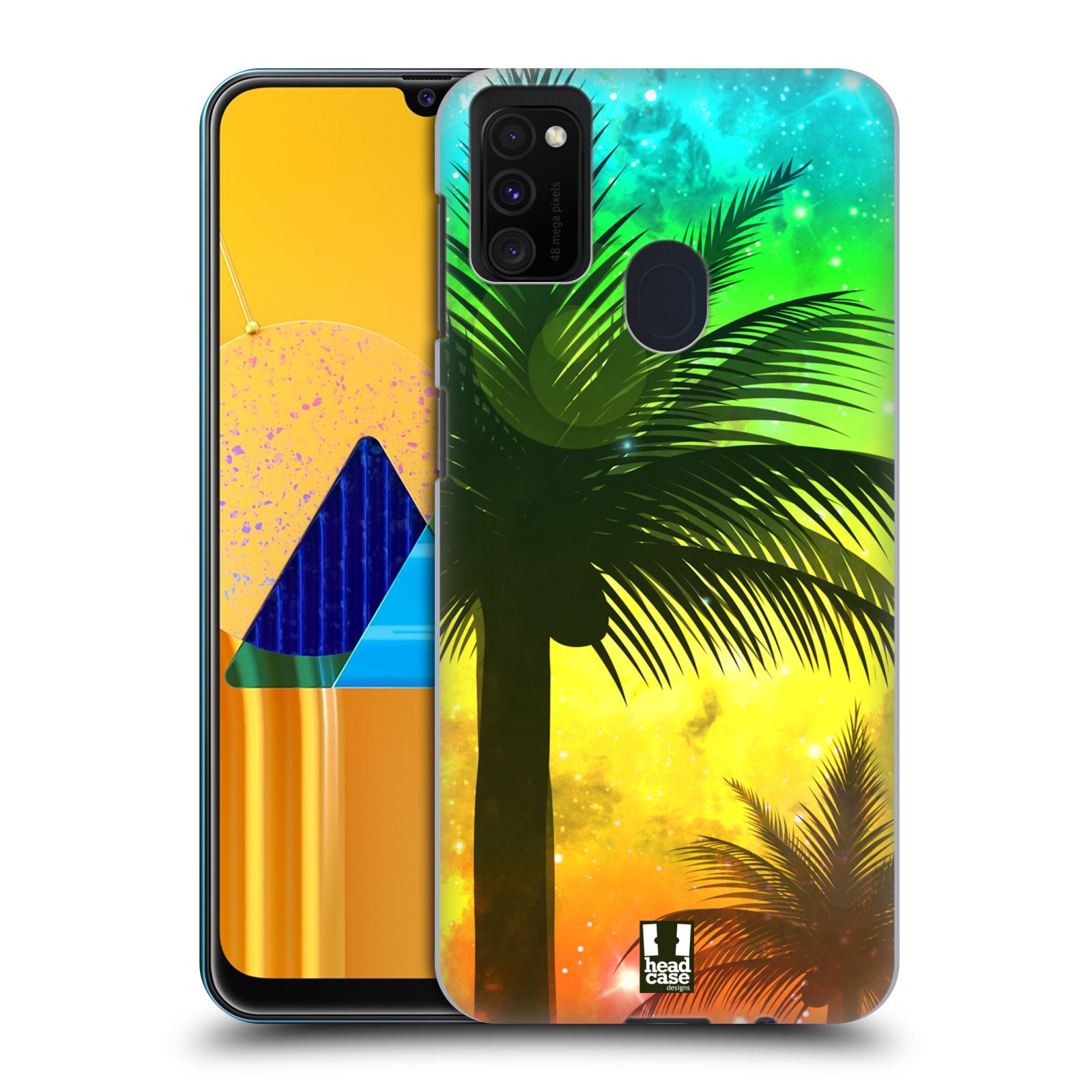 Zadní kryt na mobil Samsung Galaxy M21 vzor Kreslený motiv silueta moře a palmy ZELENÁ A ORANŽOVÁ