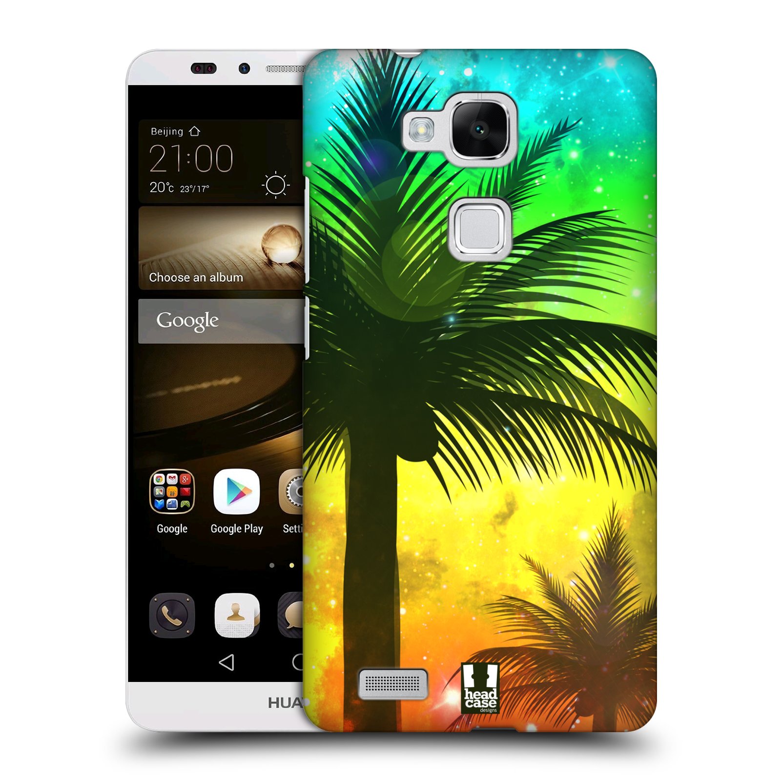 HEAD CASE plastový obal na mobil Huawei Mate 7 vzor Kreslený motiv silueta moře a palmy ZELENÁ A ORANŽOVÁ