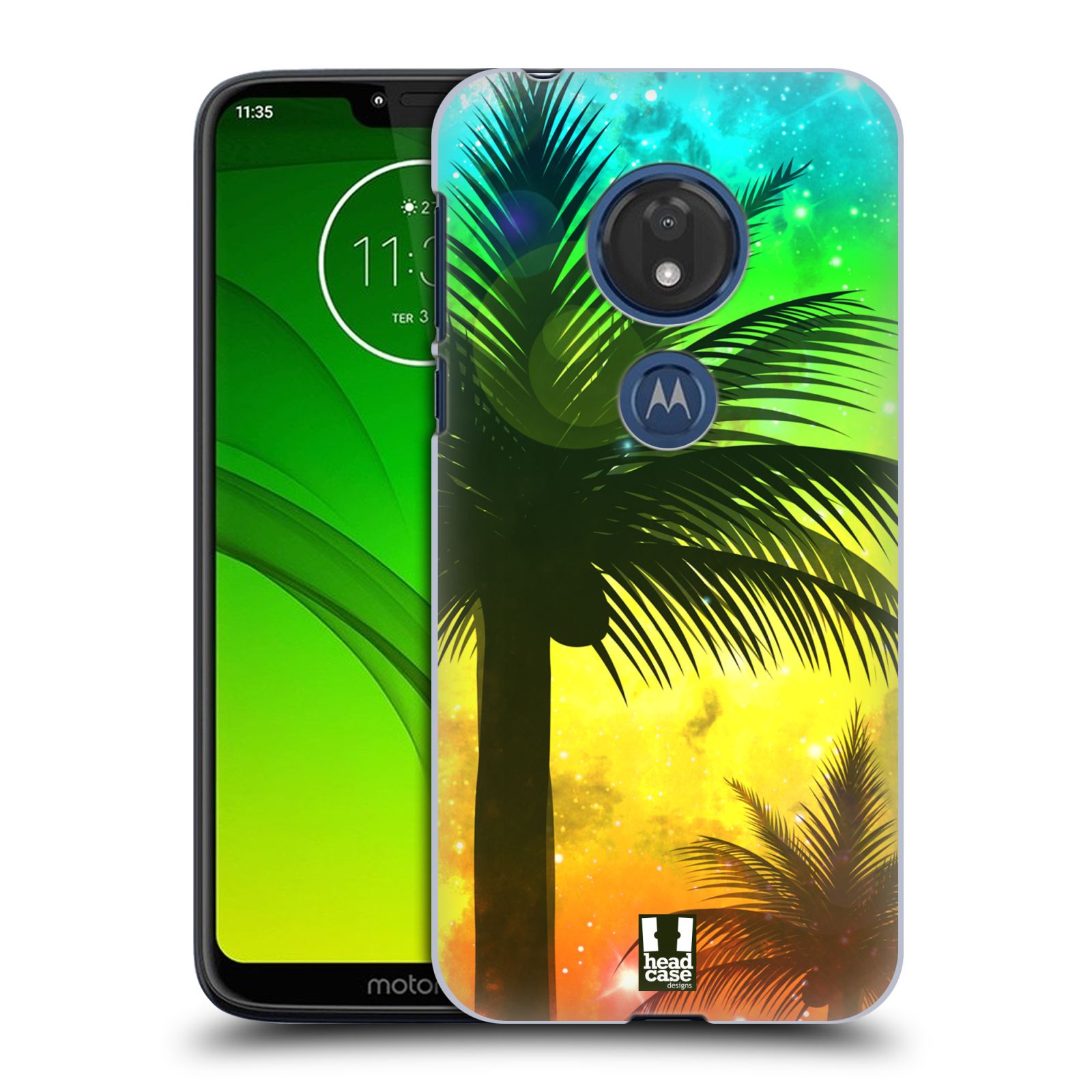 Pouzdro na mobil Motorola Moto G7 Play vzor Kreslený motiv silueta moře a palmy ZELENÁ A ORANŽOVÁ
