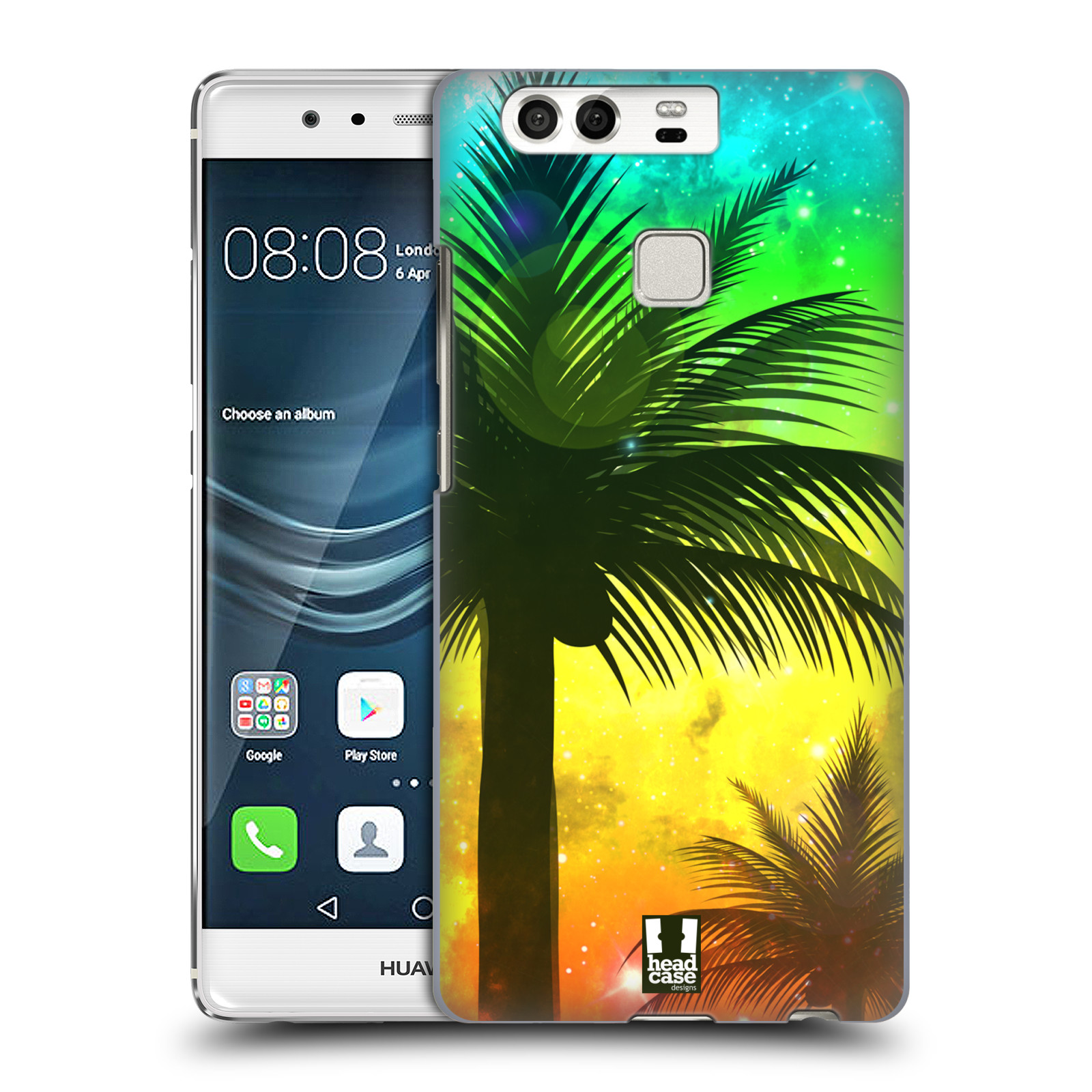 HEAD CASE plastový obal na mobil Huawei P9 / P9 DUAL SIM vzor Kreslený motiv silueta moře a palmy ZELENÁ A ORANŽOVÁ
