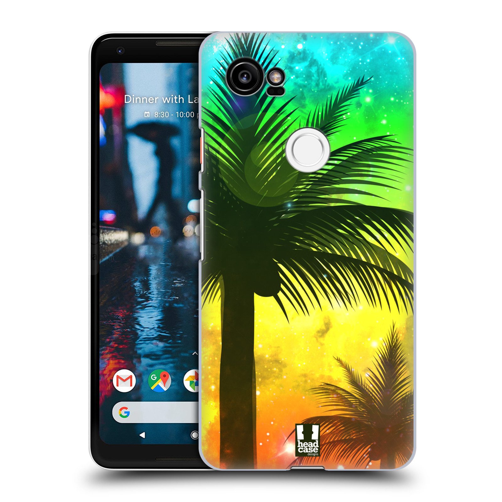 HEAD CASE plastový obal na mobil Google Pixel 2 XL vzor Kreslený motiv silueta moře a palmy ZELENÁ A ORANŽOVÁ