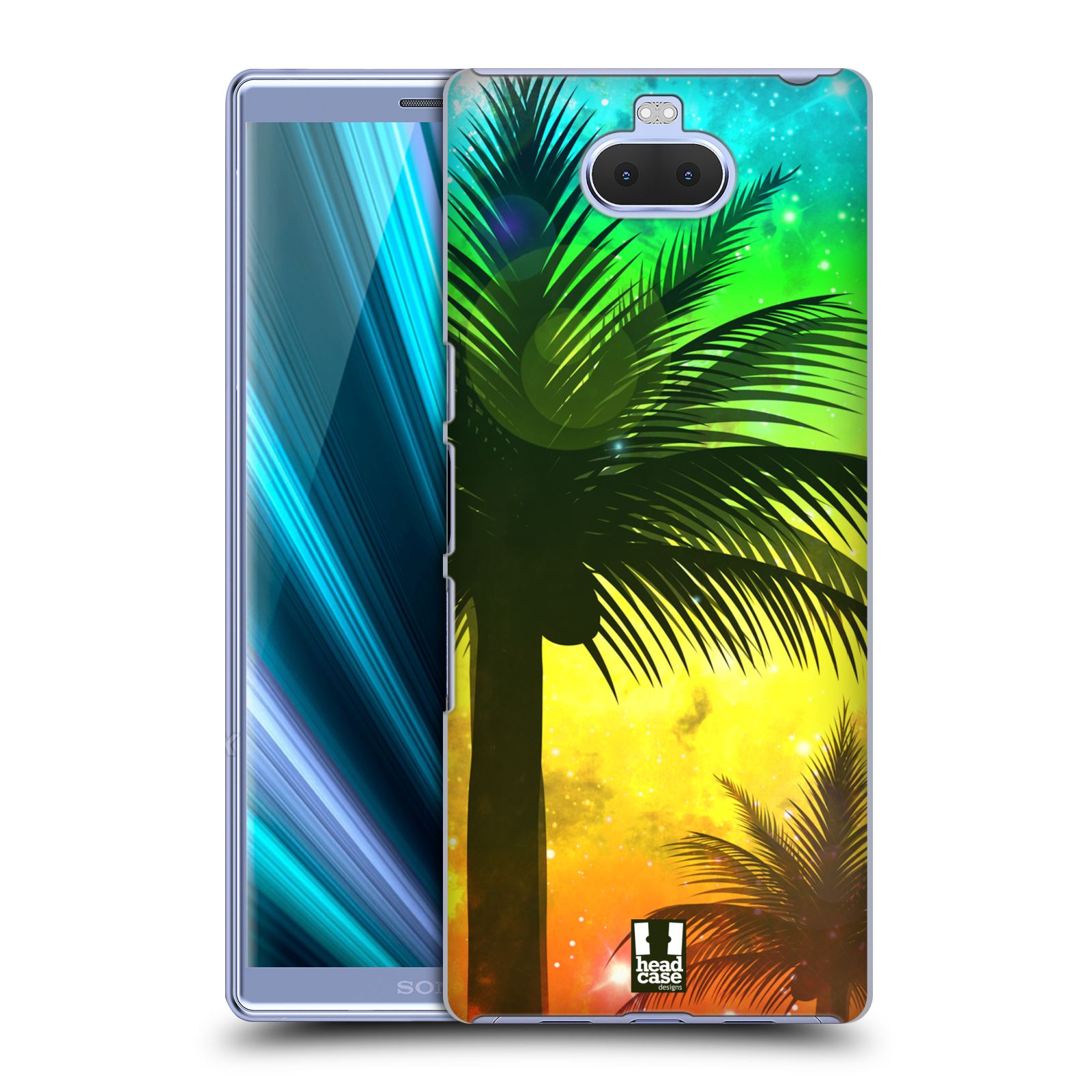 Pouzdro na mobil Sony Xperia 10 - Head Case - vzor Kreslený motiv silueta moře a palmy ZELENÁ A ORANŽOVÁ