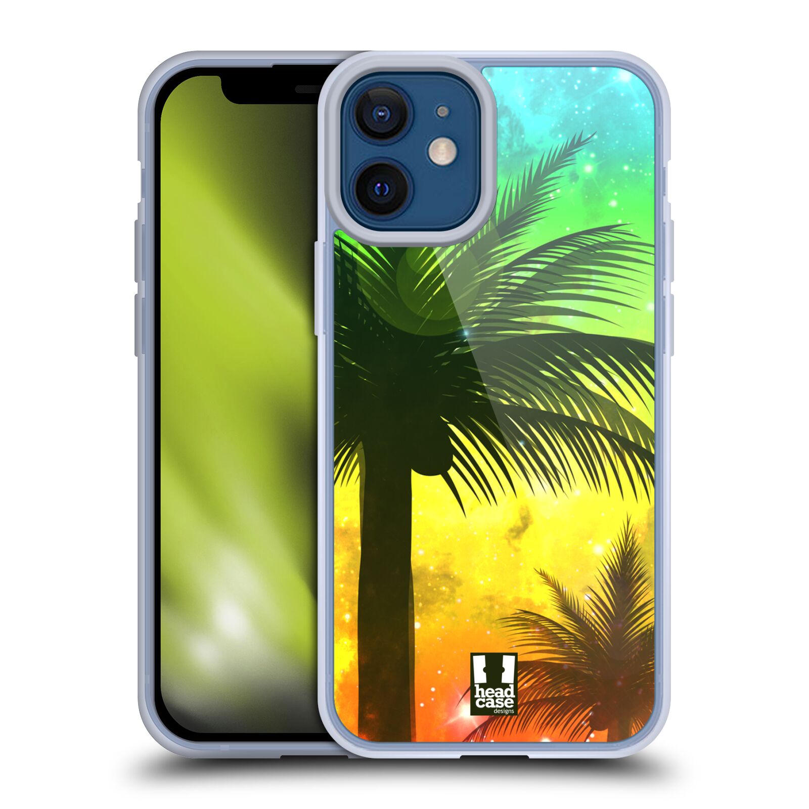 Plastový obal na mobil Apple Iphone 12 MINI vzor Kreslený motiv silueta moře a palmy ZELENÁ A ORANŽOVÁ
