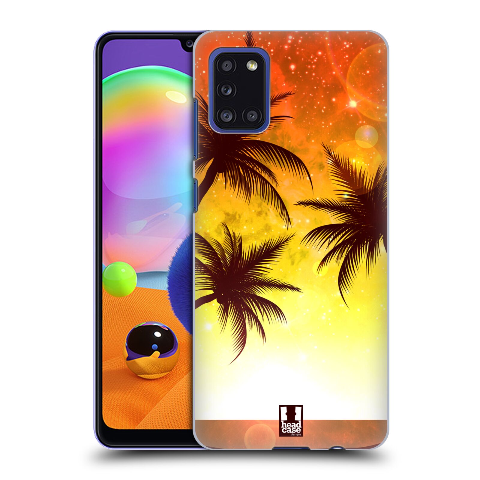 Zadní kryt na mobil Samsung Galaxy A31 vzor Kreslený motiv silueta moře a palmy ORANŽOVÁ