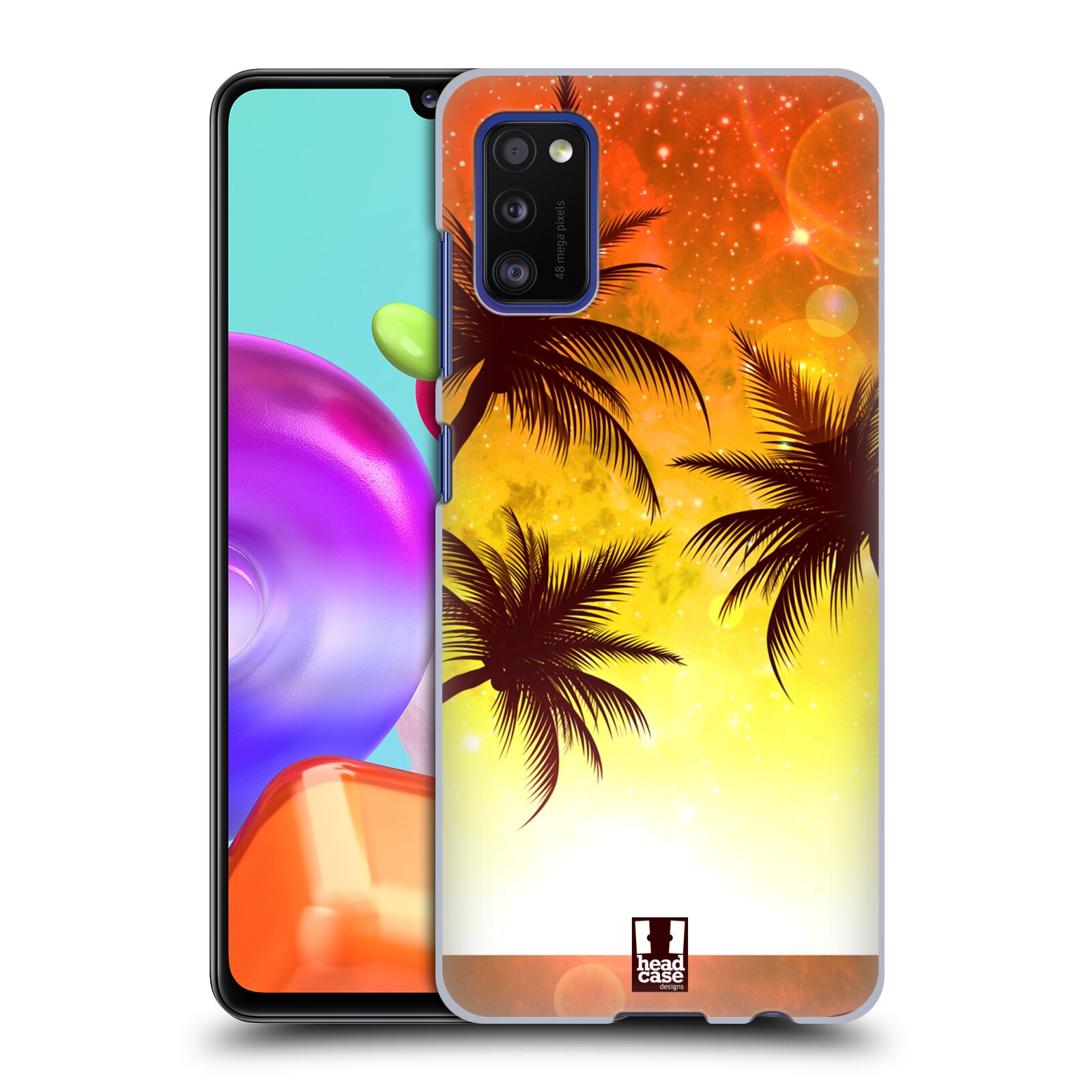 Zadní kryt na mobil Samsung Galaxy A41 vzor Kreslený motiv silueta moře a palmy ORANŽOVÁ