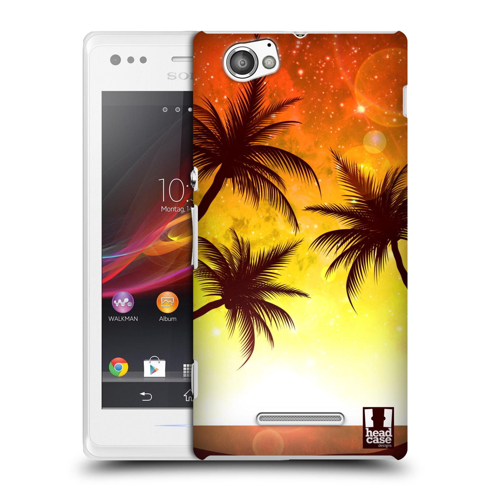 HEAD CASE plastový obal na mobil Sony Xperia M vzor Kreslený motiv silueta moře a palmy ORANŽOVÁ