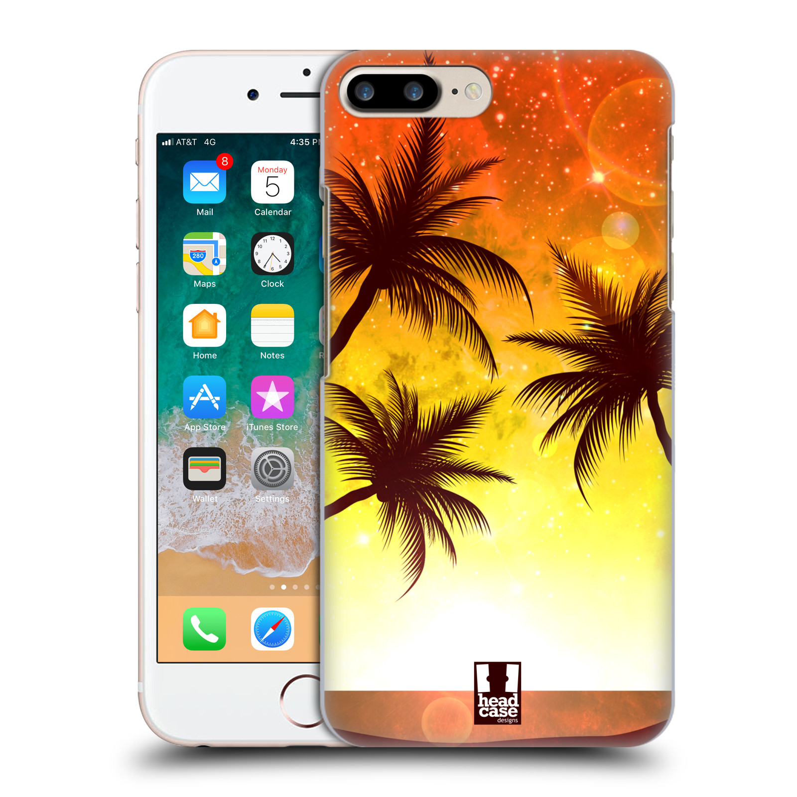 Plastové pouzdro pro mobil Apple Iphone 8 PLUS vzor Kreslený motiv silueta moře a palmy ORANŽOVÁ
