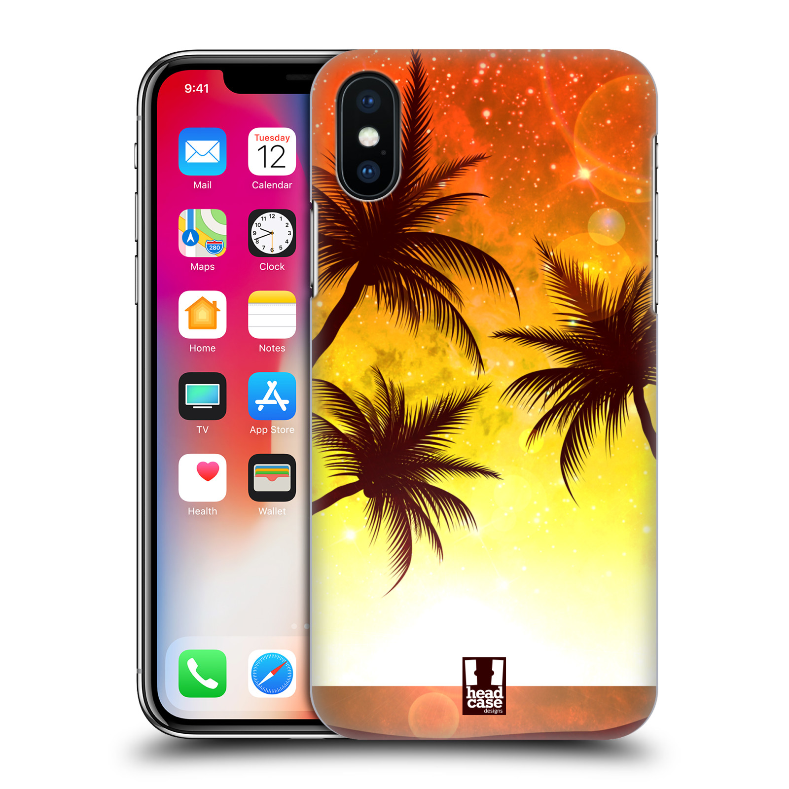 HEAD CASE plastový obal na mobil Apple Iphone X / XS vzor Kreslený motiv silueta moře a palmy ORANŽOVÁ