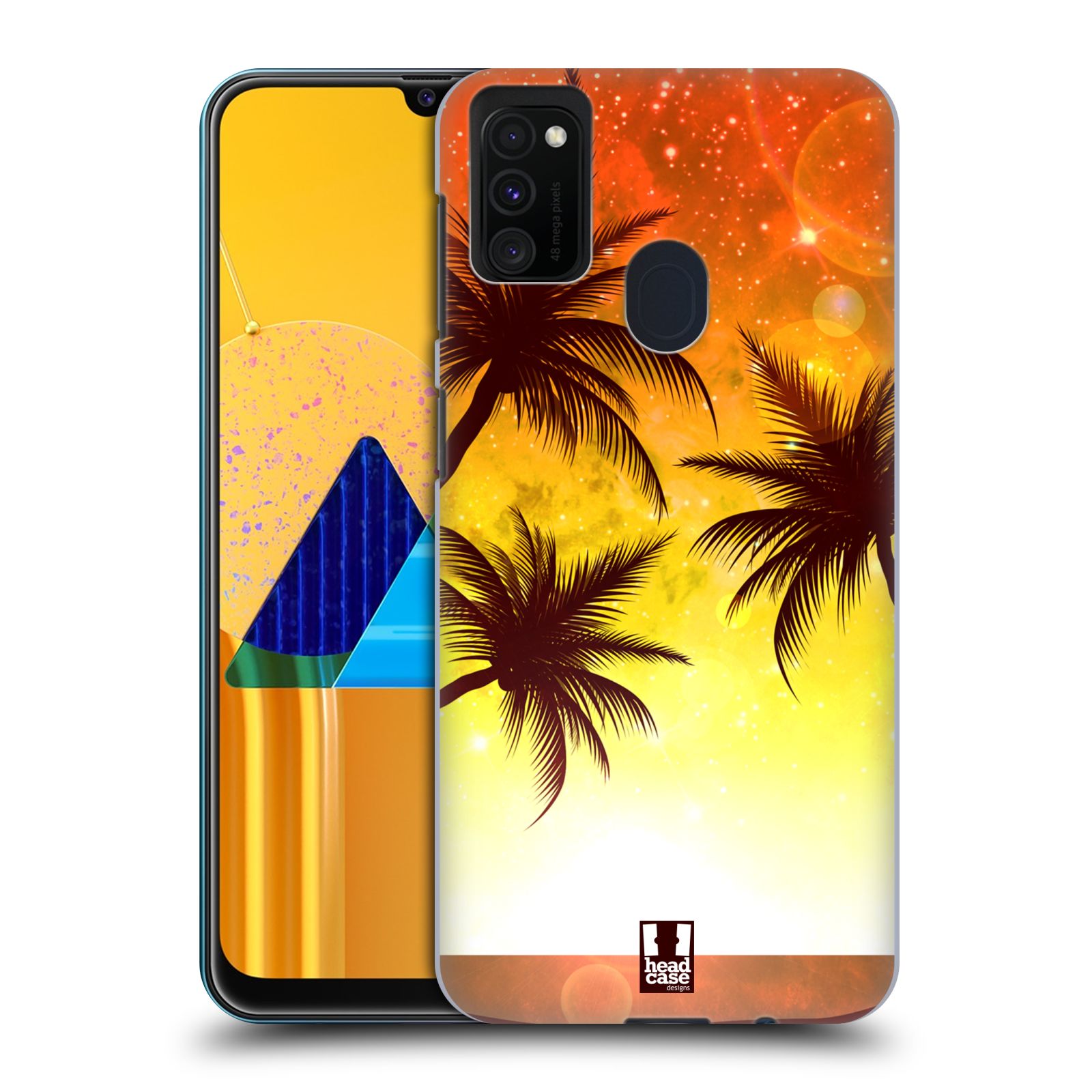 Zadní kryt na mobil Samsung Galaxy M21 vzor Kreslený motiv silueta moře a palmy ORANŽOVÁ